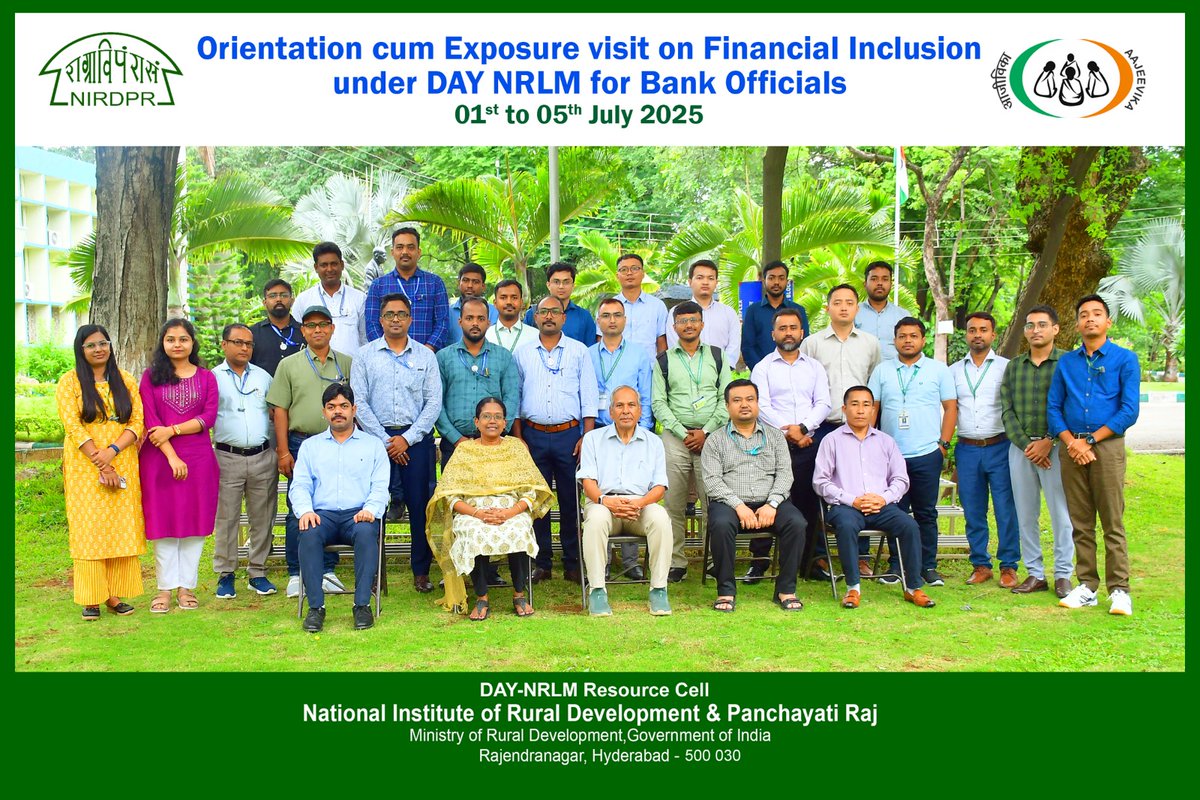 🏦 The Orientation cum Exposure Visit on Financial Inclusion under #DAYNRLM for Bank Officials was successfully held from 01–05 July 2025 at <a href="/NIRDPR_India/">NIRDPR</a>, Hyderabad.

💡 The program enhanced understanding of SHGs, financial access, &amp; inclusive banking practices.