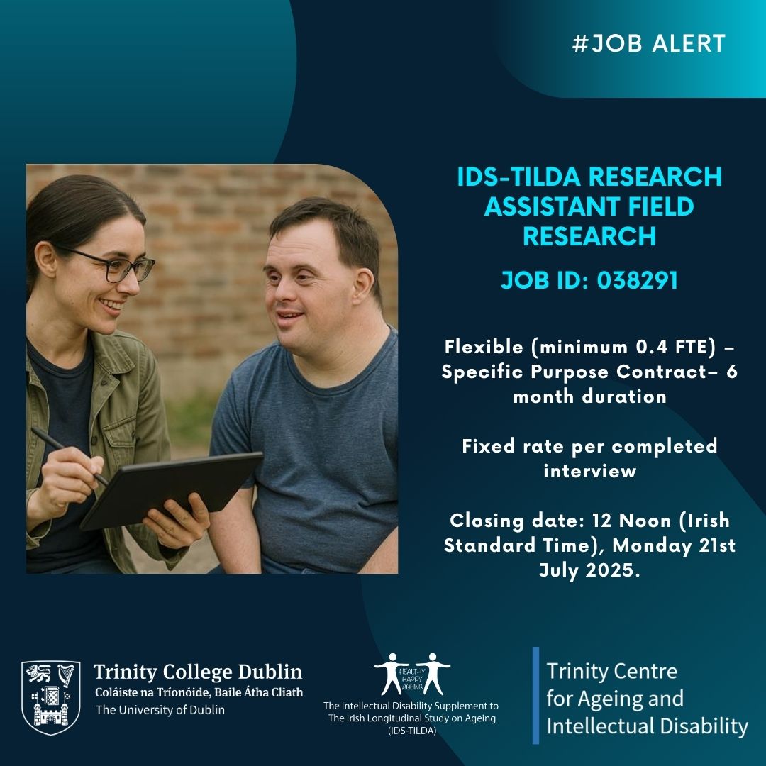 ageingwithID's tweet image. 🕒 Still Time to Apply – Deadline Extended to 21st July!
🔍We’re Hiring: Field Researchers – IDS-TILDA Research Project 🔍
Are you passionate about making a difference in the lives of older adults with an intellectual disability?
The Intellectual Disability Supplement to the…