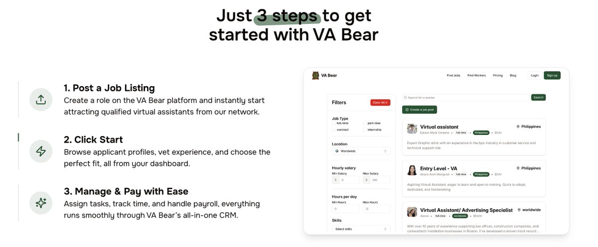 ▪️Find, hire, manage, and pay Virtual Assistants through one platform.  

▪️VA Bear is your all-in-one place for all your Virtual Assistant needs.

Virtual Assistant use cases

-Administrative and Scheduling Tasks
-Marketing and Customer Support
-Personal Assistance and Task