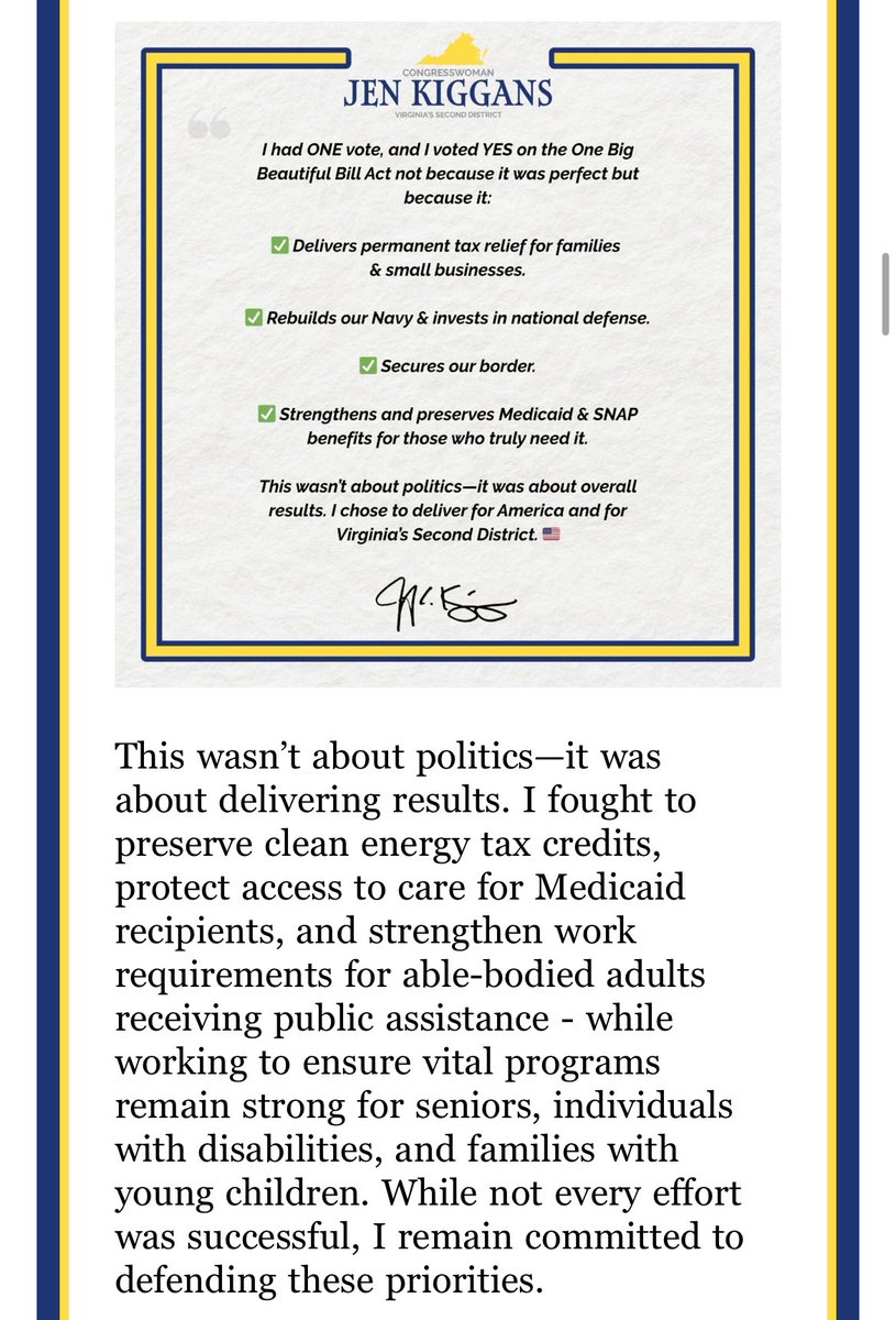 Affordable_Va's tweet image. How does one “remain committed to defending these priorities” after casting a vote to defund those same “priorities”? There was no commitment, @RepJenKiggans. You voted explicitly to deprioritize 300,000 Virginians who rely on Medicaid and SNAP.