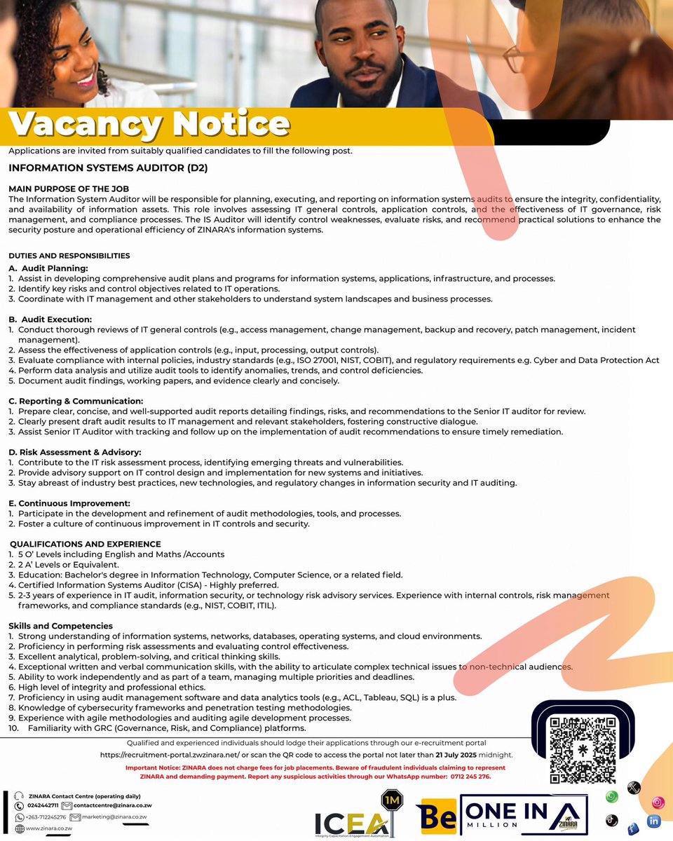 ZINARA (@zinarazw) on Twitter photo Exciting Career Opportunities in Our Internal Audit Department!
Apply today and become a part of our #TransformationalTeam
<a href="/VacancyMail/">VacancyMail.co.zw</a> <a href="/ihararejobs/">iHarare Jobs</a> <a href="/YouthJobsZim/">Youth Jobs Zimbabwe</a> <a href="/jobsearchzim/">Job Search Zimbabwe</a>
#BeOneInAMillion
#ProudlyCompliant
#PartnersForProgress Exciting Career Opportunities in Our Internal Audit Department!
Apply today and become a part of our #TransformationalTeam
<a href="/VacancyMail/">VacancyMail.co.zw</a> <a href="/ihararejobs/">iHarare Jobs</a> <a href="/YouthJobsZim/">Youth Jobs Zimbabwe</a> <a href="/jobsearchzim/">Job Search Zimbabwe</a>
#BeOneInAMillion
#ProudlyCompliant
#PartnersForProgress