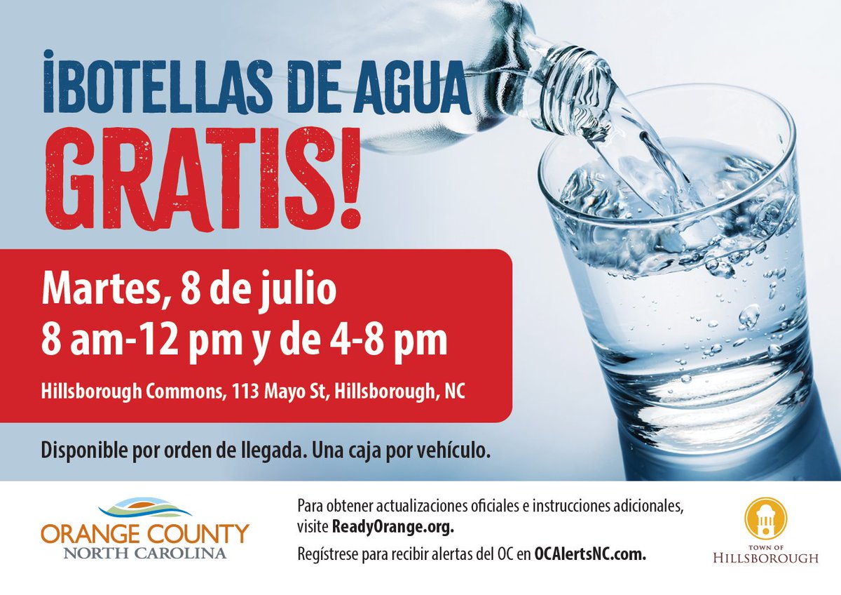 Free bottled water will be distributed on Tuesday, July 8, from 8 a.m. to noon and from 4 - 8 p.m., at Hillsborough Commons, 113 Mayo Street, Hillsborough. 
Community members who want to visit DSS are encouraged to use the Chapel Hill office at 2501 Homestead Rd., Chapel Hill.