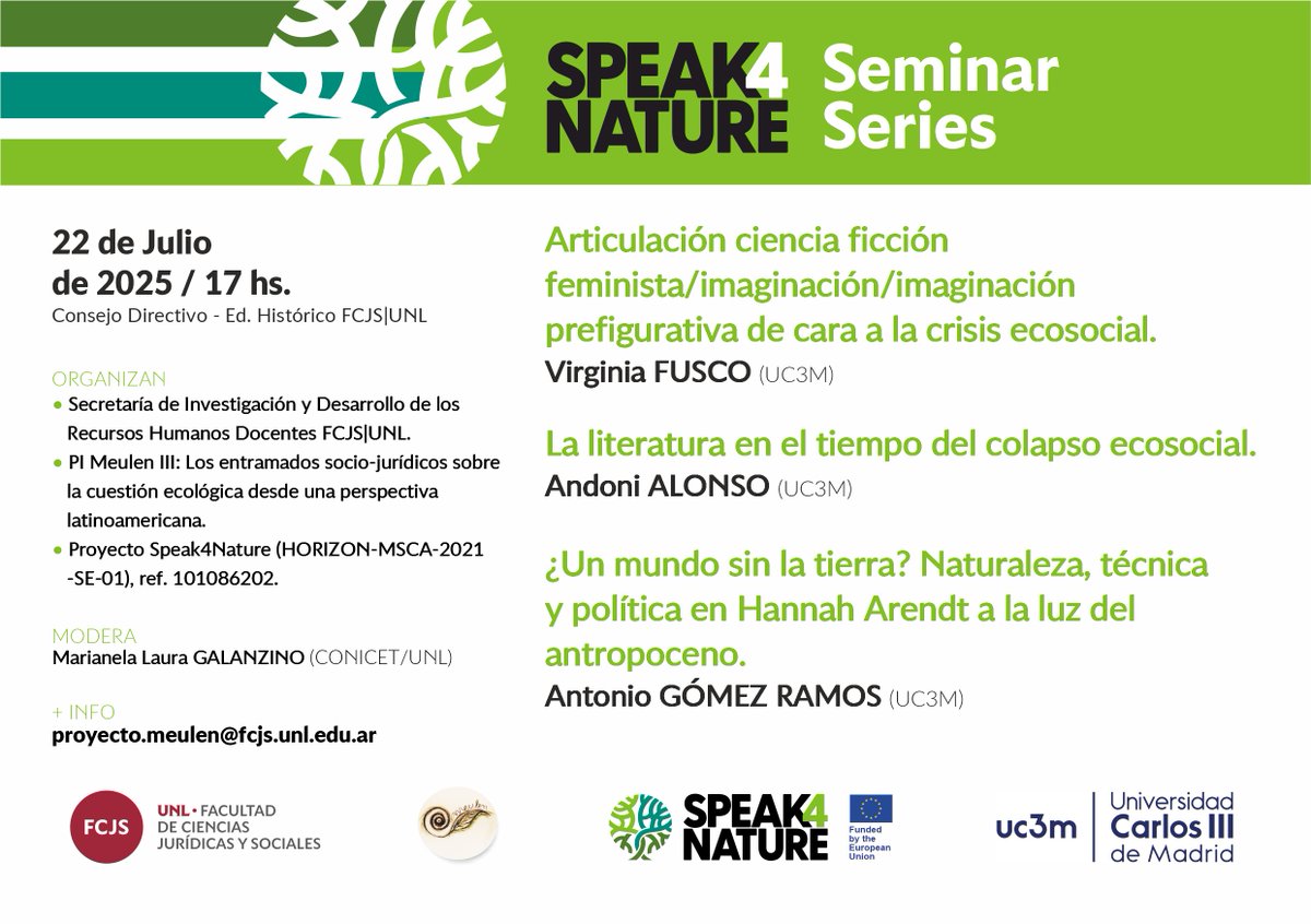 🌱 Nueva jornada de Speak4Nature Seminar Series

👉🏽 El próximo martes 22 de julio, a las 17, en el Consejo Directivo del Edificio Histórico, se realizará un nuevo encuentro del Speak4Nature Seminar Series. 

ℹ️ Más info en fcjs.unl.edu.ar/ver-noticia/?n…