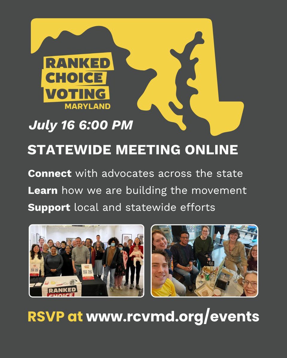 rcvformaryland's tweet image. We're calling a statewide meeting of #RankedChoiceVoting advocates for an All Volunteer Call on July 16 at 6:00pm.
RSVP rcvmd.org/all_volunteer_…
The movement is growing and we want you to be part of it! New and returning volunteers are welcome.