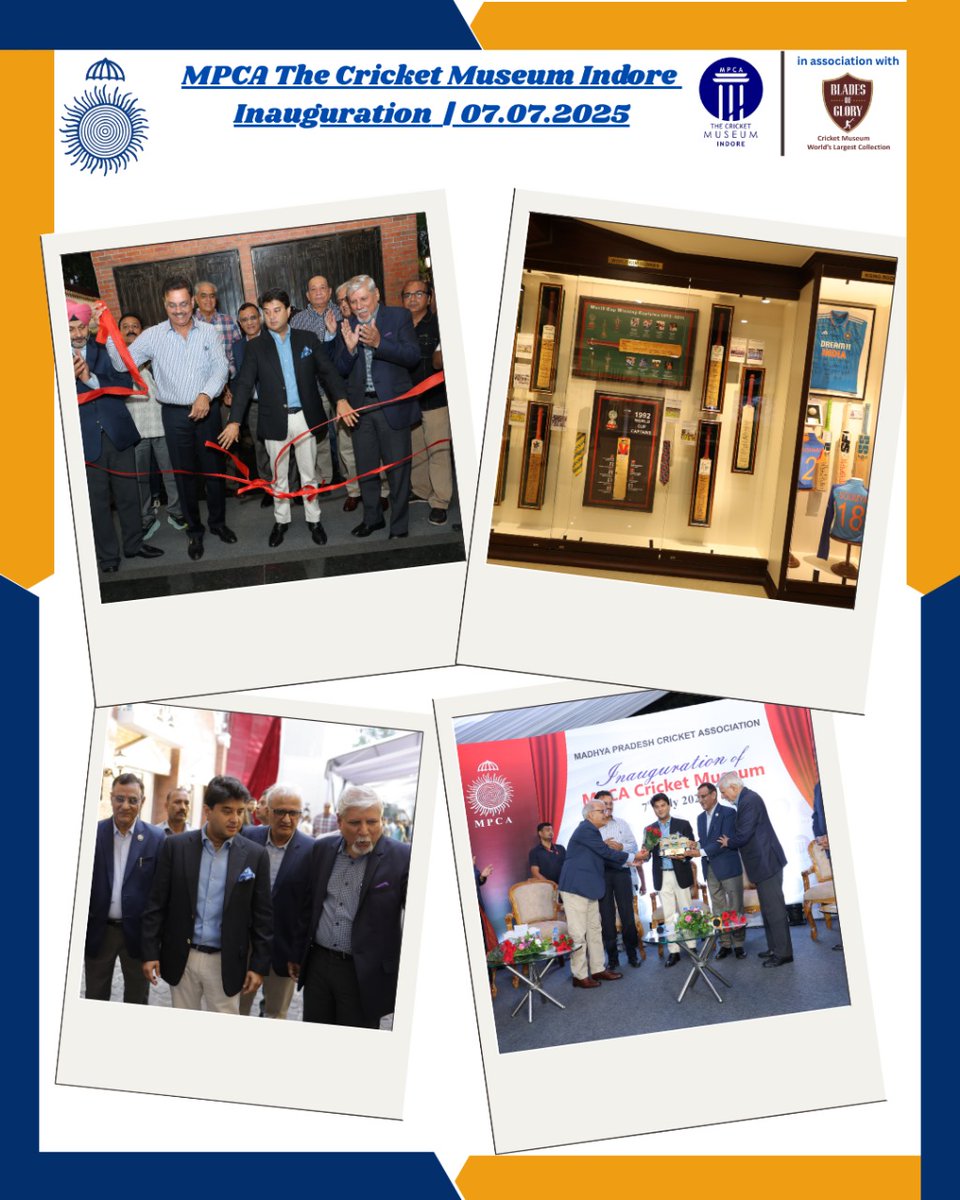 MPCA The Cricket Museum Indore  inaugurated at Holkar Stadium, on 7 July 2025.

Graced by Mr. Dilip Vengsarkar &amp; Union Minister Mr. Jyotiraditya Scindia, the museum celebrates cricket’s legacy with memorabilia &amp; stories that inspire generations.
#museum #MadhyaPradesh #bcci