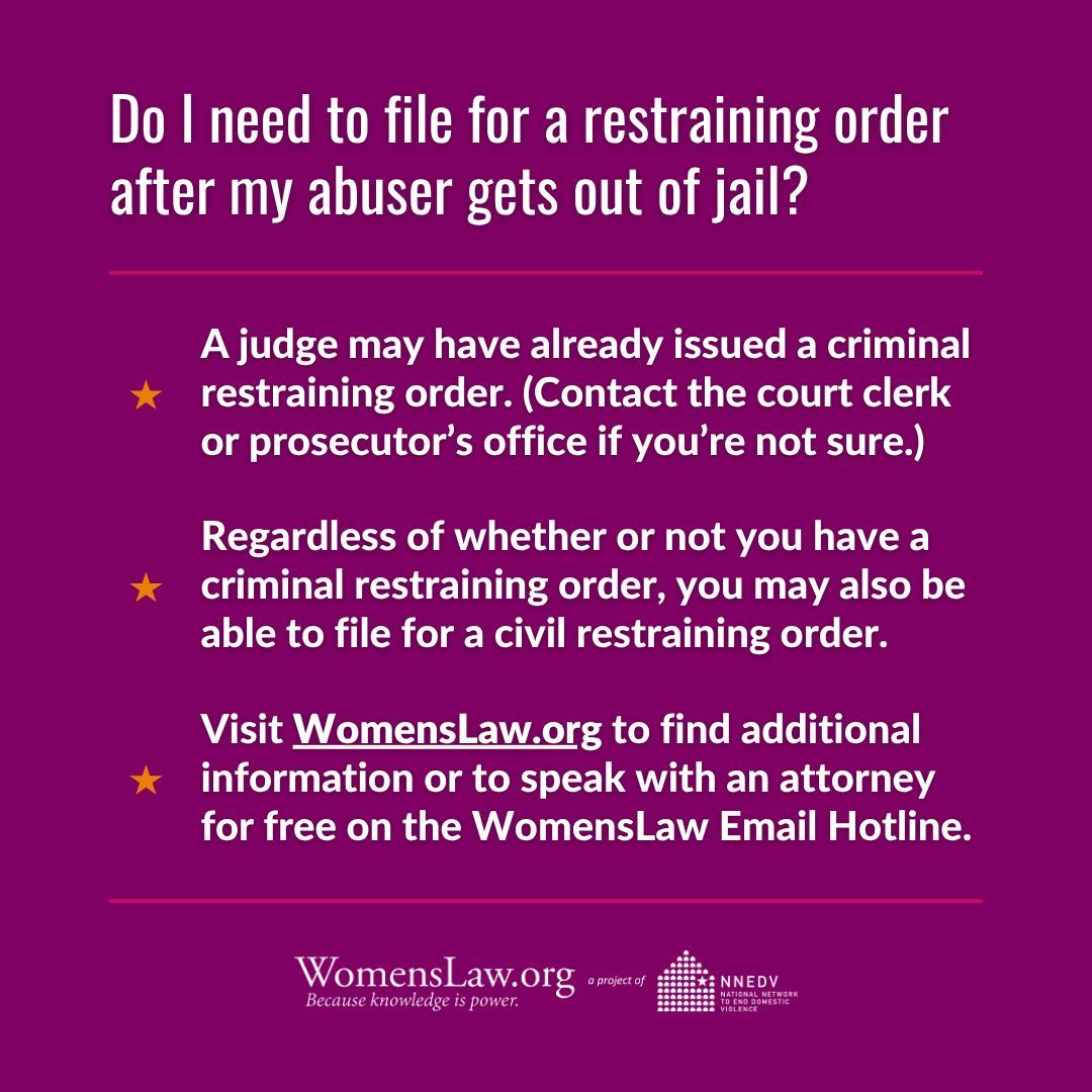WomensLaw's tweet image. Many domestic violence victims worry about staying safe once an abuser is released from jail. Depending on the case and your state/territory, both "criminal" and "civil" restraining orders can be important tools as part of an overall safety plan. More: buff.ly/i0vI5Dg