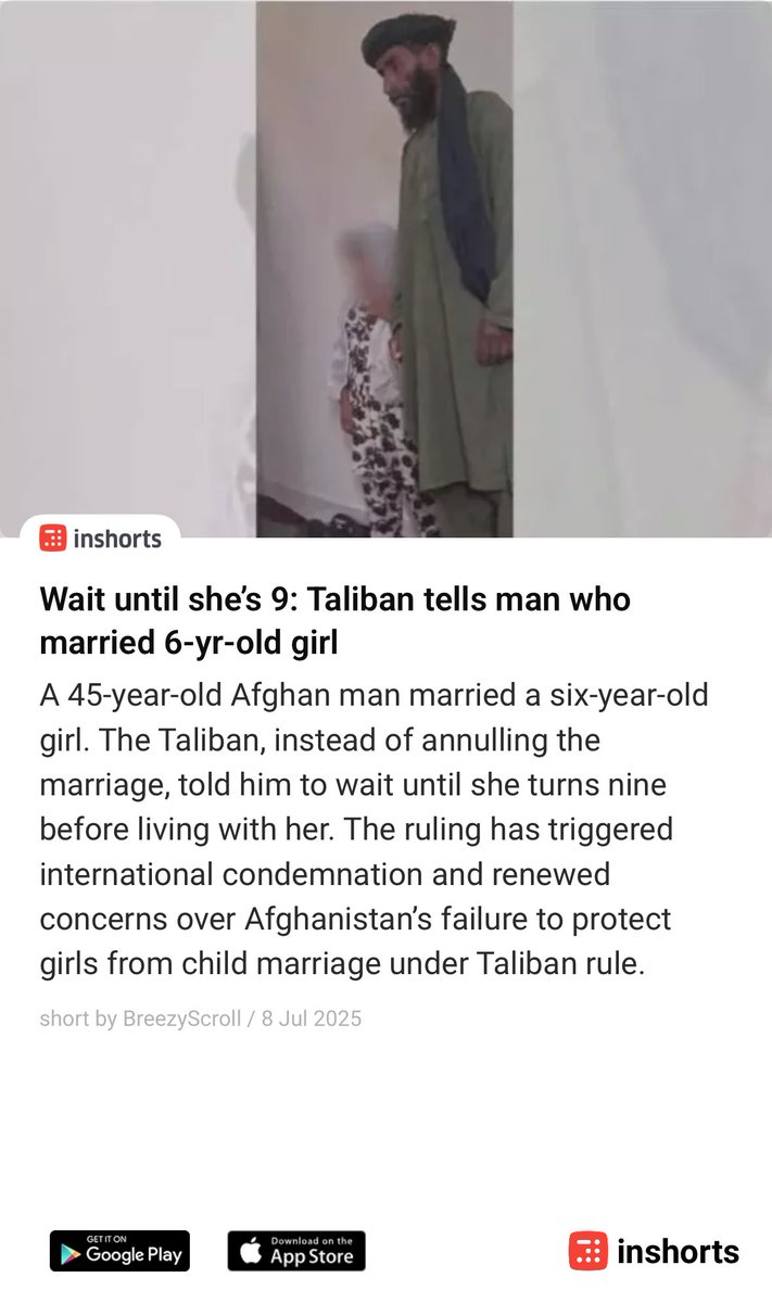 Wait until she’s 9: Taliban tells man who married 6-yr-old girl
shrts.in/FTbBD
 -via inshorts : is it human, where r human rights people and whistleblowers ⁦<a href="/UNHumanRights/">UN Human Rights</a>⁩ ⁦<a href="/nytimes/">The New York Times</a>⁩ ⁦<a href="/thewire_in/">The Wire</a>⁩ ⁦<a href="/CNN/">CNN</a>⁩ ⁦<a href="/FoxNews/">Fox News</a>⁩ ⁦<a href="/The_DailyWire/">TheDailyWire</a>⁩