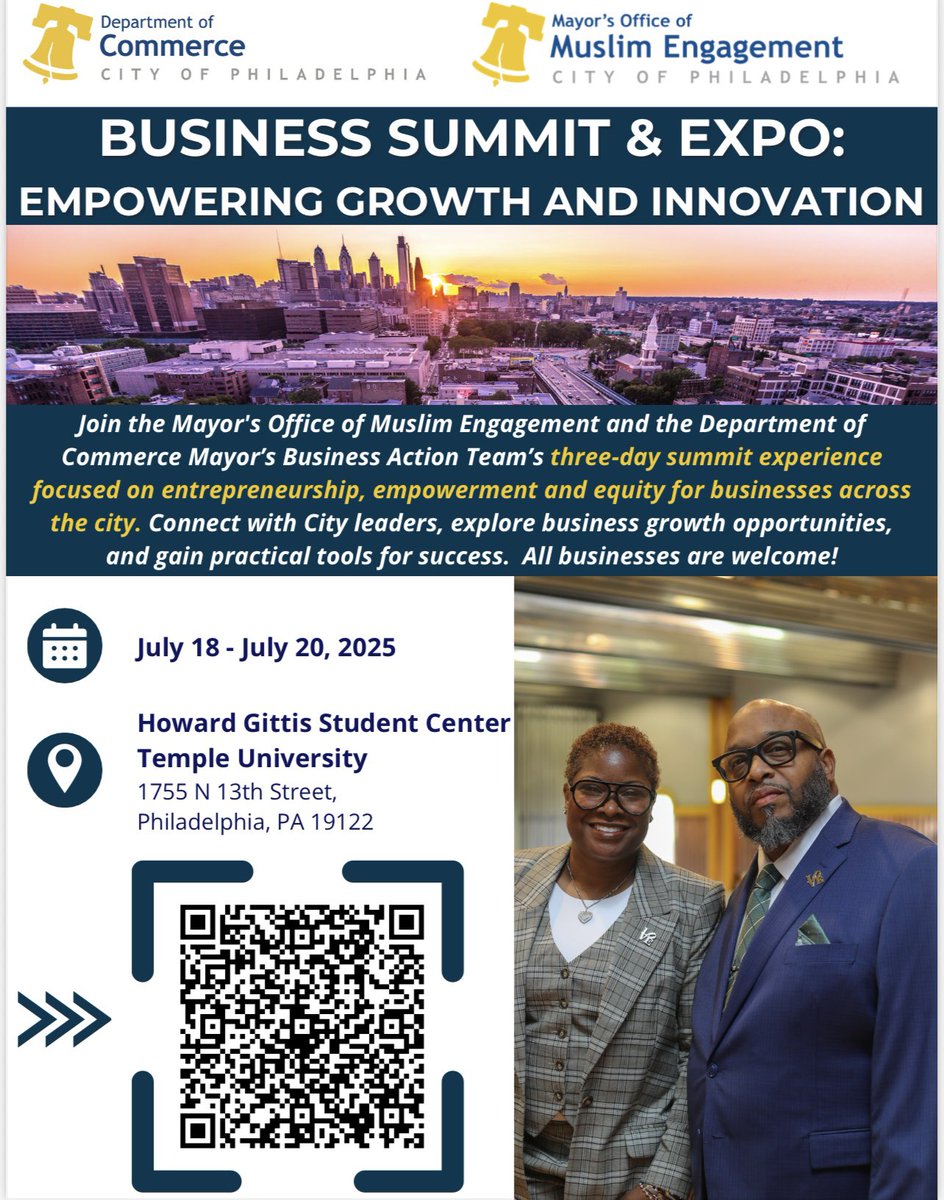 CM_JimHarrity's tweet image. Philly entrepreneurs 📈✨
Join us for the Business Summit & Expo with @PHLCommerce & the Mayor’s Office of Muslim Engagement!
🤝 Connect, grow, and empower your business.
🗓️ July 18–20
📍 Temple University
All businesses welcome!
#PhillyBusiness #PhillyEvents