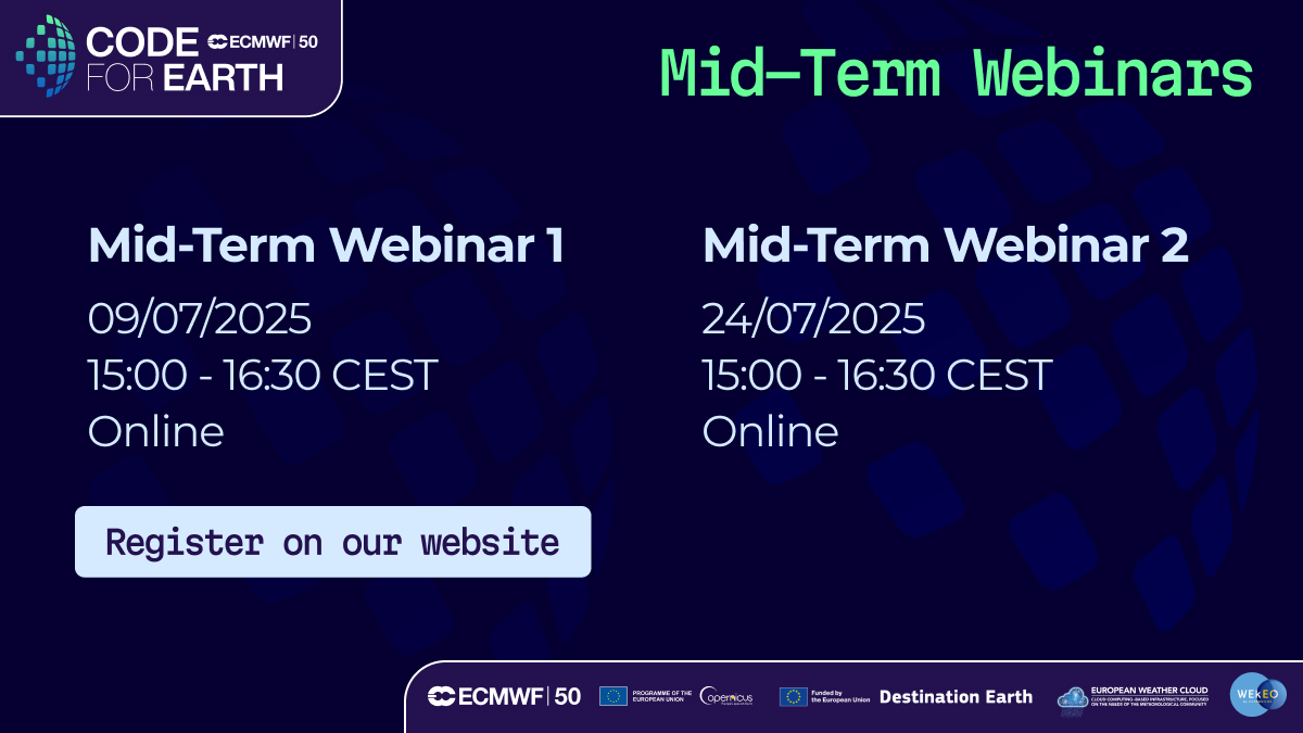 🚨 Last chance to register for our first #CodeForEarth webinar!
Join us tomorrow to hear how our teams are turning climate data into code-driven tools.
🗓️ 09/07/2025 — 15:00 - 16:30 CEST
🔗 codeforearth.ecmwf.int/mid-term-webin…
#ClimateTech #CodingPhase #OpenData