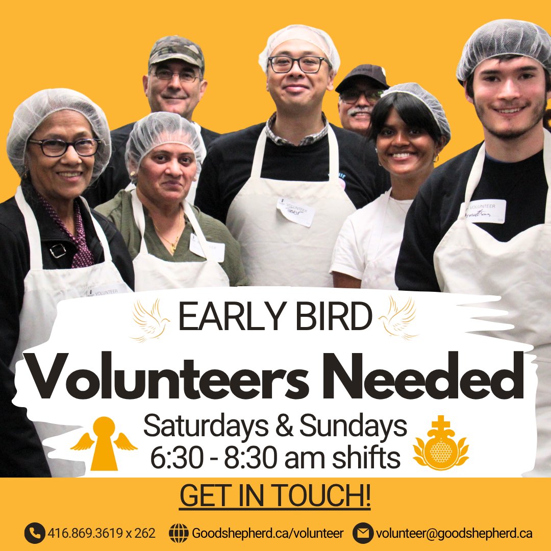 GoodShepherd-Toronto (@goodshepherd_to) on Twitter photo 💁Attention #CaringCommunity your hands are needed!
<a href="/goodshepherd_to/">GoodShepherd-Toronto</a> needs #volunteer help Sat & Sun mornings from 6:30-8:30am to help prep & serve breakfast to our overnight shelter guests.
Please contact
📧 Email volunteer@goodshepherd.ca
📞Call 416.869.3619 x 262 💁Attention #CaringCommunity your hands are needed!
<a href="/goodshepherd_to/">GoodShepherd-Toronto</a> needs #volunteer help Sat & Sun mornings from 6:30-8:30am to help prep & serve breakfast to our overnight shelter guests.
Please contact
📧 Email volunteer@goodshepherd.ca
📞Call 416.869.3619 x 262