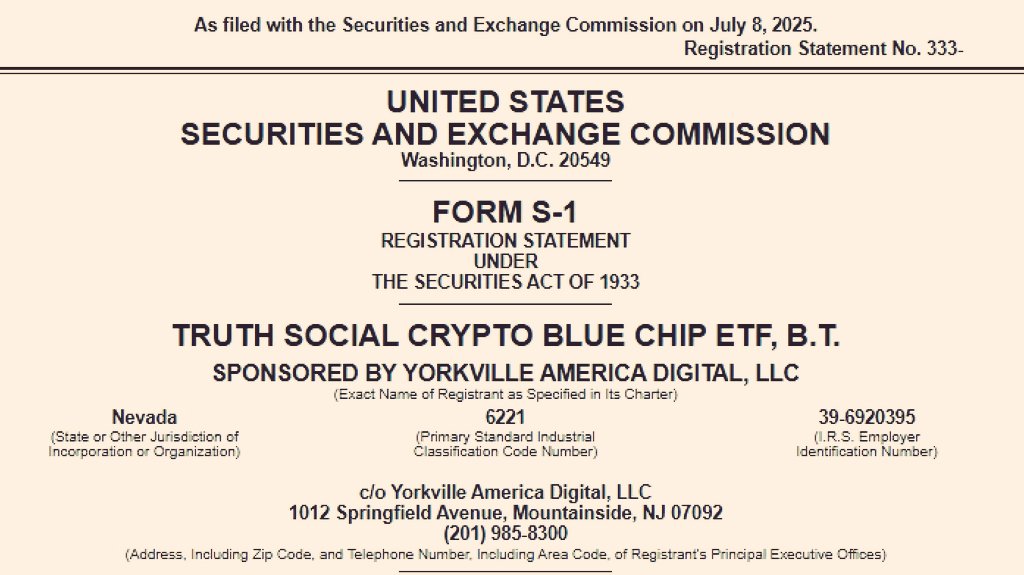 🚨 BREAKING | Trump Enters ETF!

🇺🇸 Truth Social (Trump-backed) files with SEC for Crypto Blue Chip ETF.

• 70% – #Bitcoin
• 15% – #Ethereum
• 8% – #Solana
• 5% – #Cronos
• 2% – #XRP
