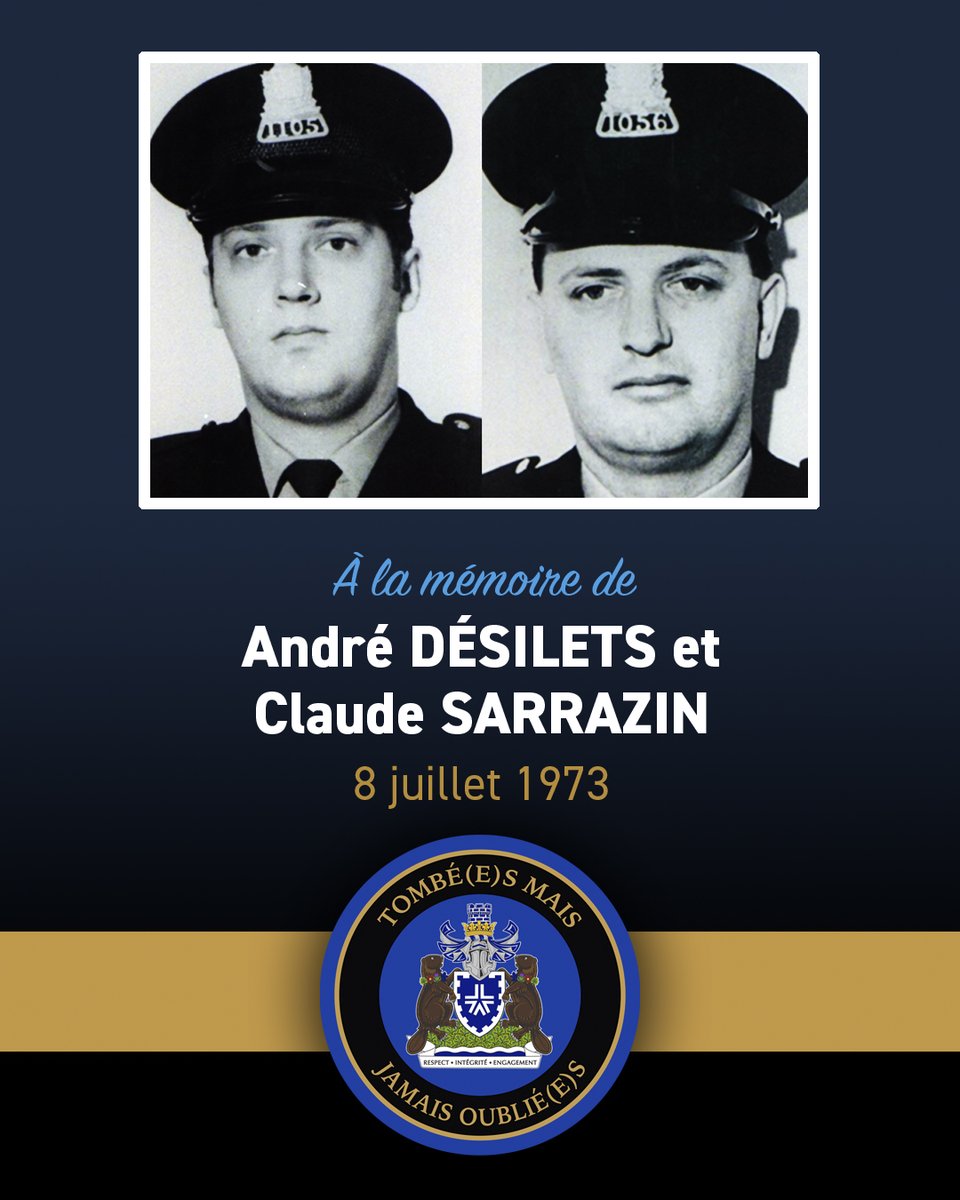 SPVM's tweet image. Le SPVM se souvient des agents André Désilets et Claude Sarrazin décédés dans l’exercice de leurs fonctions le 8 juillet 1973.
Détails : bit.ly/3jY4zvA