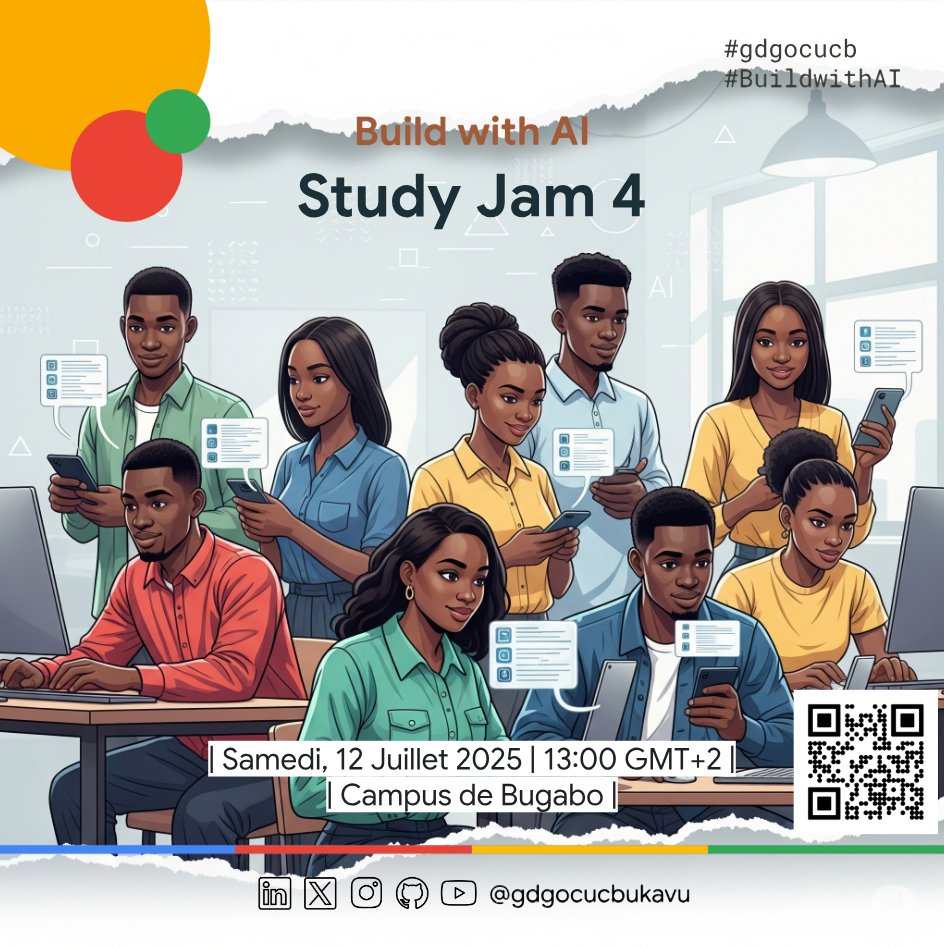 GDG on Campus UCB - #gdgocucb (@gdgocucbukavu) on Twitter photo 🚀 #BuildwithAI – Study Jam 4
Après 3 sessions intenses, il est temps de passer à l’action, bienvenue à la 4ᵉ journée de notre atelier!
📅 Samedi 12 Juillet à partir de 13h00
📍 <a href="/ucbukavu/">UCB</a> – Bugabo
🔗 RSVP :
qrco.de/BWAI-SJ4
<a href="/googledevs/">Google for Developers</a> <a href="/Geektutor/">Geektutor</a> <a href="/GDGAfriqueFranc/">GDGs Afrique Francophone</a> 🚀 #BuildwithAI – Study Jam 4
Après 3 sessions intenses, il est temps de passer à l’action, bienvenue à la 4ᵉ journée de notre atelier!
📅 Samedi 12 Juillet à partir de 13h00
📍 <a href="/ucbukavu/">UCB</a> – Bugabo
🔗 RSVP :
qrco.de/BWAI-SJ4
<a href="/googledevs/">Google for Developers</a> <a href="/Geektutor/">Geektutor</a> <a href="/GDGAfriqueFranc/">GDGs Afrique Francophone</a>