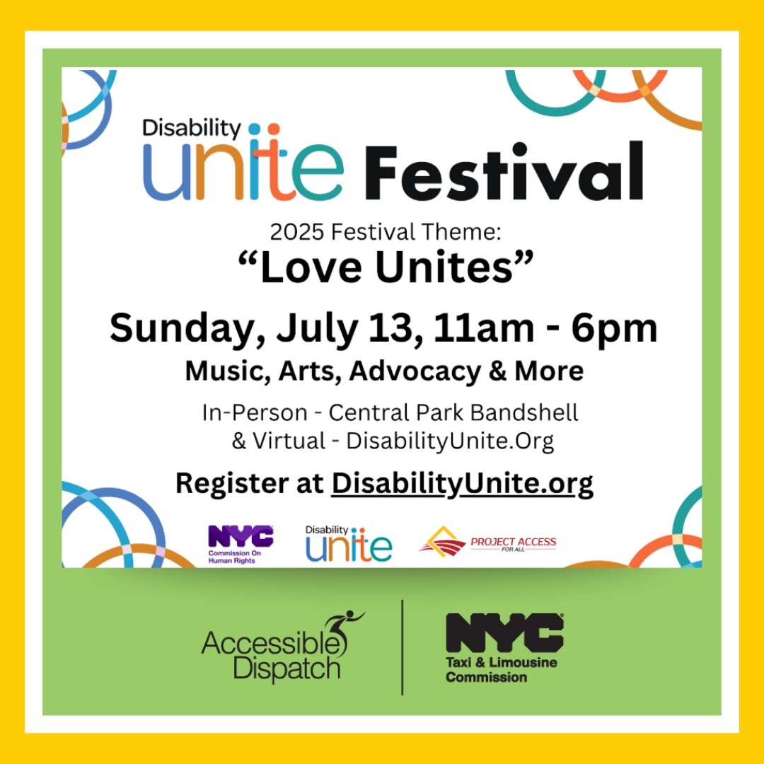 nycaccessible's tweet image. Heading to the Disability Unite Festival this weekend? 

We’ll be there with @nyctaxi. Look for our team to learn how Accessible Dispatch makes accessible transportation easier for New Yorkers with disabilities. 🧑‍🦽🗽

📅 Details and registration: disabilityunite.org
