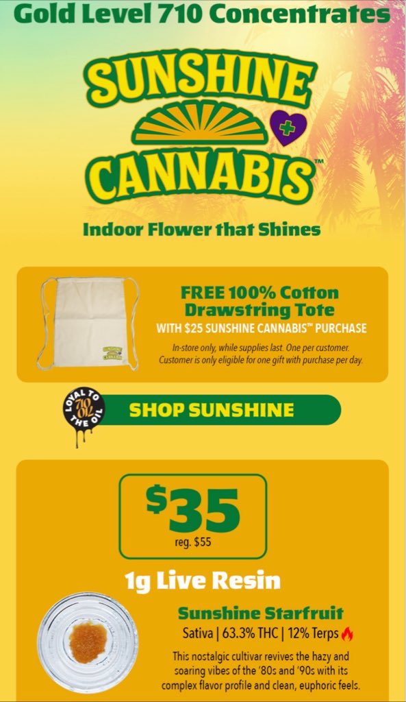 SunshineCannab2's tweet photo. ☀️ Good morning #SunshineFam! Today is our #SunshineCannabis Brand Day at @Trulieve 💚 and we’re kicking off the 710 vibes early 🍯💨 🌞 Shining Bright in the countdown before our 710/OIL holiday! 🔥🫡
Grab the Sunshine 🌞 #GoldBox Concentrates & #LiveSauce Carts that slap extra hard! 👇
🤩 Strainbow Cart – up to 5.8% terps | $25
🔵 Blue Sunshine Terp Sauz – 8.9% terps
💐 Red Biscotti Wax – 5.5% terps
🔥🙌🏼 Crippy Wax – 7.8% terps
🥭 ⛽️ Starfruit Live Resin – 12% terps 💨
🇺🇸💐 Freedom Flowers Wax - 4.34% terps
💛 FREE Drawstring 100% Cotton 🌞 Tote Bag w/ $25 Sunshine purchase in-store on 7/8! ✨🏆
🍯 Always Loyal to the Oil! #Trulievers #Sunshine710 ☀️ #TerpyTuesday #TerpHunters #TerpTalks #Dabbing #RigLife #Concentrates #Wax #LiveResin
Shop Now 🛒 https://t.co/dUSBLe4Xb5…