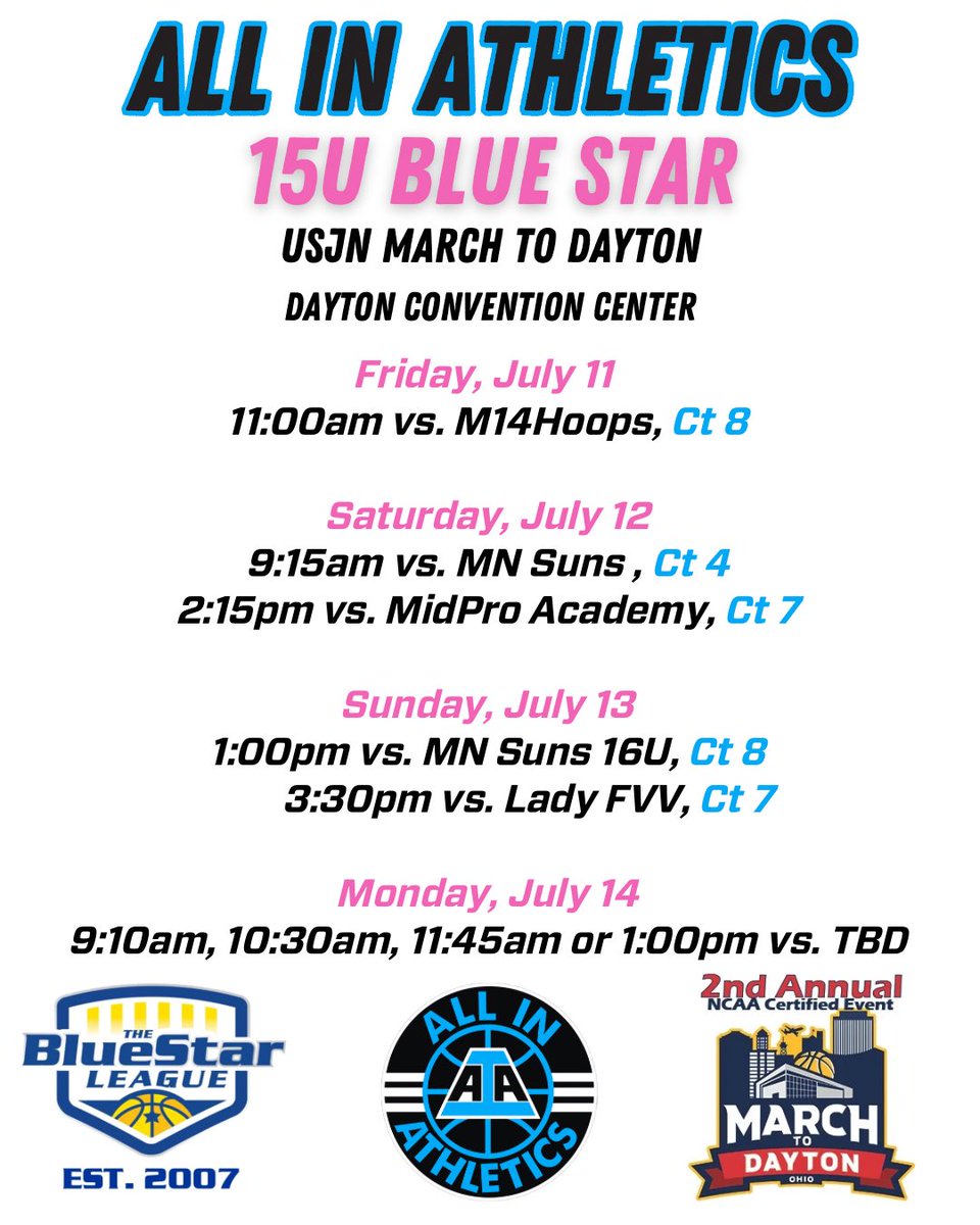 ALL IN Elite Girls 3SSB (@aiaelitegirls) on Twitter photo ALL IN Blue Star Teams ready for the USJN March to Dayton July 11-14. Excited to get back on the courts for the month of July. Check out the schedules ⬇️⬇️⬇️
#ALLINfamily <a href="/aiathletics/">ALL IN Athletics</a> ALL IN Blue Star Teams ready for the USJN March to Dayton July 11-14. Excited to get back on the courts for the month of July. Check out the schedules ⬇️⬇️⬇️
#ALLINfamily <a href="/aiathletics/">ALL IN Athletics</a>