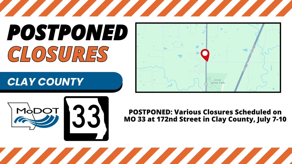 UPDATE - The work below has been postponed until a further date. An announcement will be made when a new schedule is set.

POSTPONED Various Closures Scheduled on MO 33 at 172nd Street in Clay County, July 7-10. #KCTRAFFIC Details: modot.org/node/71798