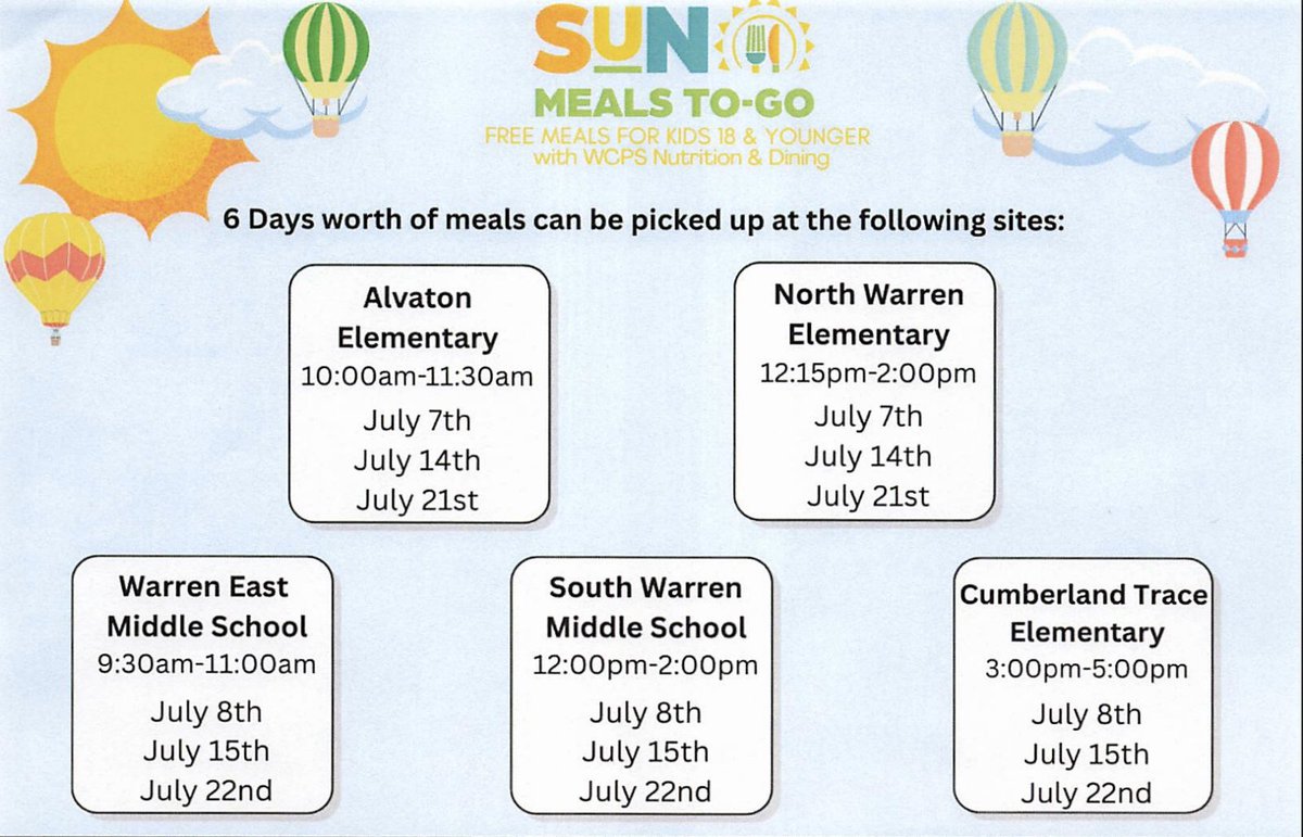 🥳 Don't forget our multiple meal pickups for children 18 and younger! 📅✨ Check the attachment for dates, times and locations! 🍽️