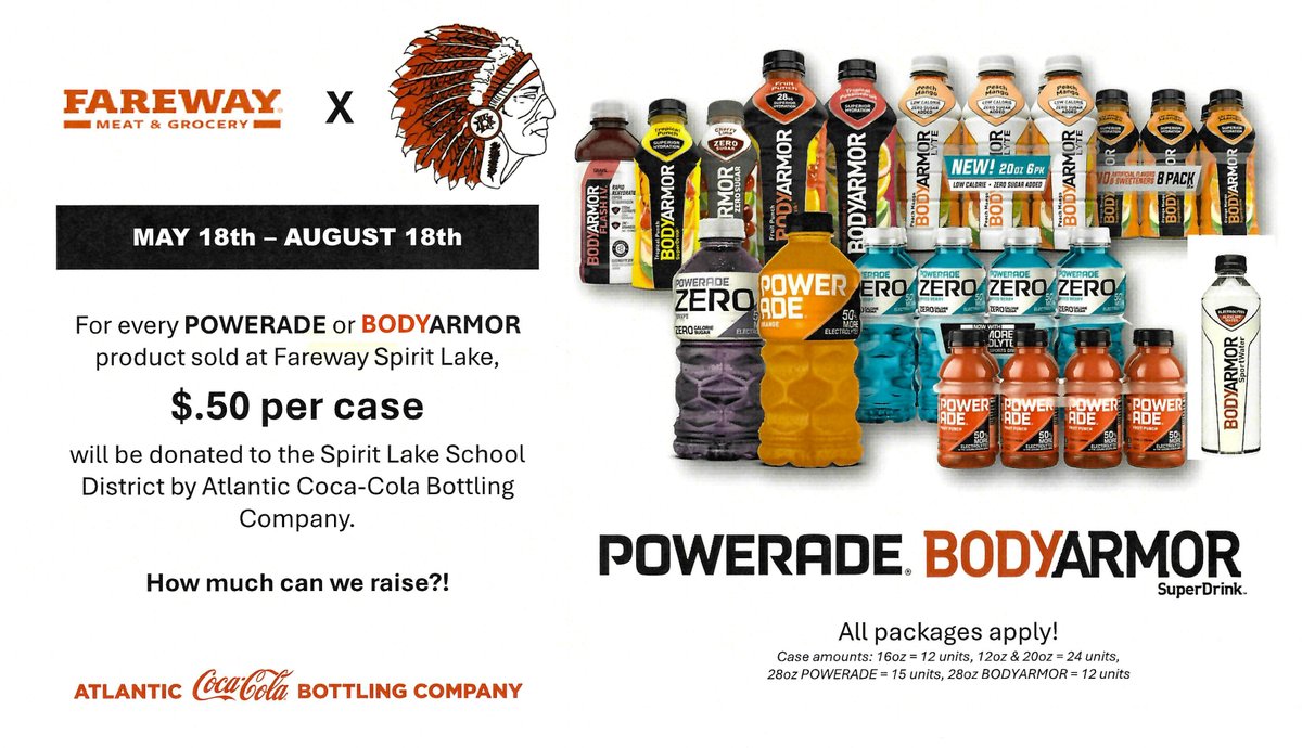 Back to school is just around the corner—but there’s still time to make a difference!
Now through August 18, when you buy a case of BODYARMOR or POWERADE at Fareway Spirit Lake, 50¢ goes to Spirit Lake Schools.