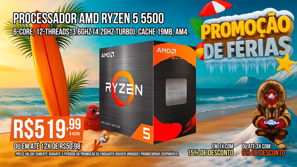 Desbloqueie a potência do seu setup com o Ryzen 5 5500! 🚀

Com 6 núcleos, 12 threads, até 4.2GHz e 19MB de cache, ele oferece desempenho firme pra jogos, edições e multitarefas sem engasgos. 

Confira ▶ bit.ly/3QFLbkP