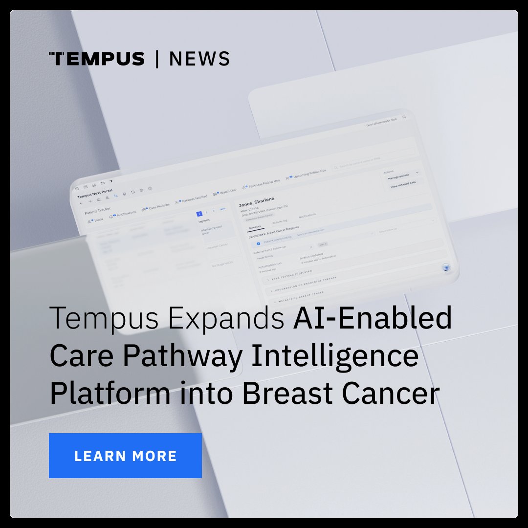 TempusAI's tweet image. We’re excited to announce the expansion of our care pathway intelligence platform, Tempus Next, into breast cancer. The platform will support five different biomarker testing gaps specific to breast cancer with the goal of helping physicians deliver guideline-directed medical…