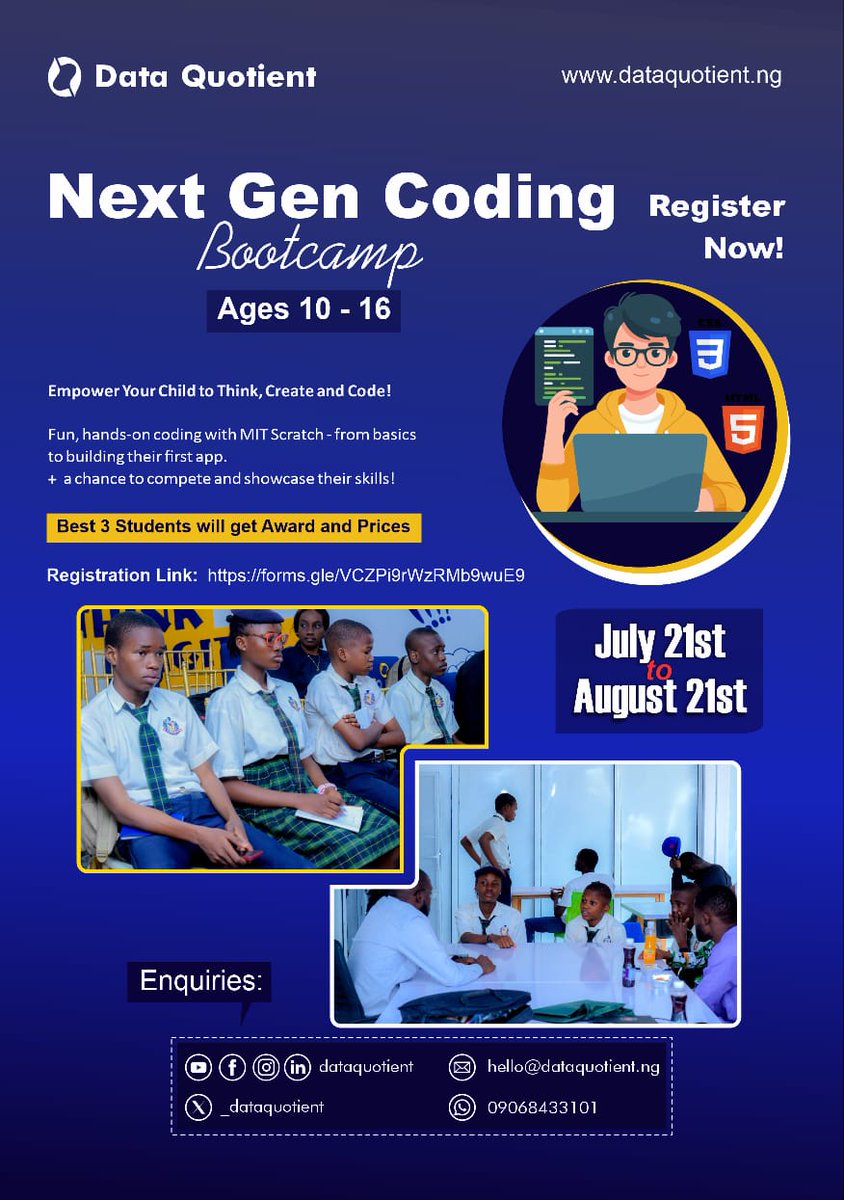 _dataquotient's tweet photo. 🚨 Calling all parents and future tech stars!

📢 DQ’s Next Gen Coding Bootcamp kicks off July 21st!

🧠 Scratch Programming
💡 Logical Thinking
🏆 Prizes for top students
🎓 Ages 10–16
🎯 Osogbo | Register: https://t.co/GaLVRtVzop
📞 09068433101

#CodingForKids #TechOsogbo https://t.co/a4Ue8MPUEr