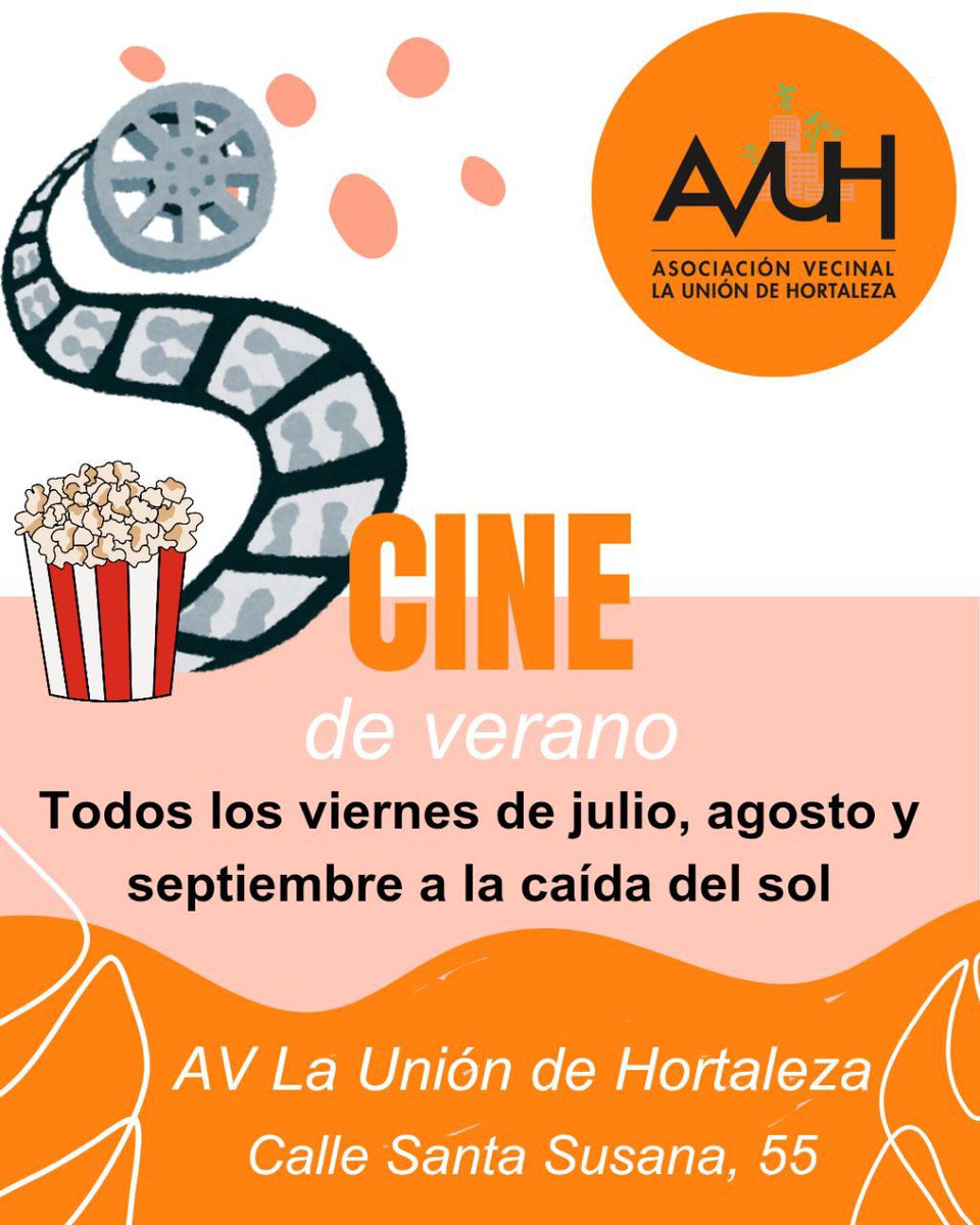 Hortaleza Periódico (@hortalezapv) on Twitter photo Recuerda que el 11 de julio se celebra una nueva sesión del Cine de Verano 2025 de la <a href="/AVLaUnion/">AV La Unión Hortaleza</a> 🎞🍿
Los viernes de los meses estivales al caer el sol ☀ se proyectarán películas gratuitas para toda la familia 😉 Recuerda que el 11 de julio se celebra una nueva sesión del Cine de Verano 2025 de la <a href="/AVLaUnion/">AV La Unión Hortaleza</a> 🎞🍿
Los viernes de los meses estivales al caer el sol ☀ se proyectarán películas gratuitas para toda la familia 😉