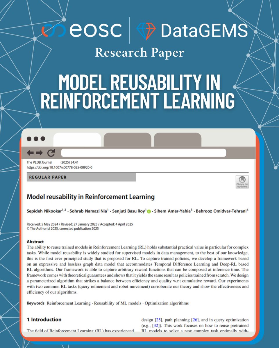 Happy to announce that the paper “Model reusability in Reinforcement Learning” by #DataGEMS associated partners was published in the #VLDBJournal. This work advances RL by enabling the reuse of trained models for complex tasks.

🔗 Read it here: lnkd.in/ddWqWaCG