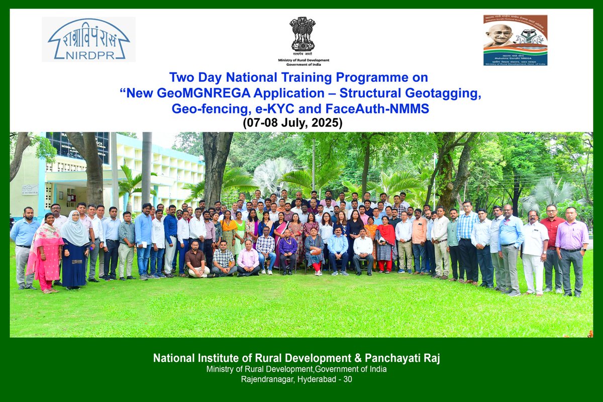 📍 The Two-Day National Training Programme on New GeoMGNREGA Application was successfully conducted at <a href="/NIRDPR_India/">NIRDPR</a>, Hyderabad on 07–08 July 2025.

The sessions focused on:
🔹 Structural Geotagging
🔹 Geo-fencing
🔹 e-KYC integration
🔹 FaceAuth-NMMS features

This initiative