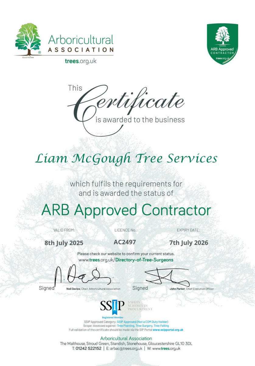 Another year another arb approved contractor award. It’s hard work but worth the extra effort. That’s CHAS advanced, Trustmark approved, Arb Association Approved contractor and Arb approved professional arborist. Always willing to go above and beyond