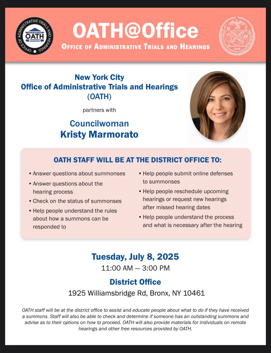 KristyMarmorato's tweet image. Reminder that today we will have NYC OATH in the office!
They will be able to assist & educate people about what to do if they have received a summons
OATH will also be able to check and determine if someone has an outstanding summons & advise as to their options!