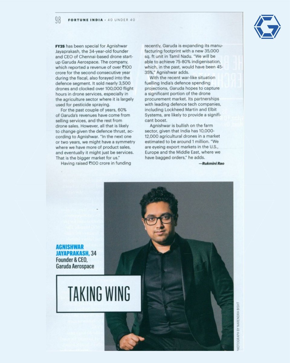 garuda_india's tweet photo. When vision meets altitude, the nation soars.
A salute to our CEO, Agnishwar Jayaprakash, for being recognised by fortune india 40 under 40.
Garuda Aerospace is just getting started.
#TakingWing #DroneChampion #GarudaLeadership #FortuneIndia https://t.co/dNy9XJgaSO