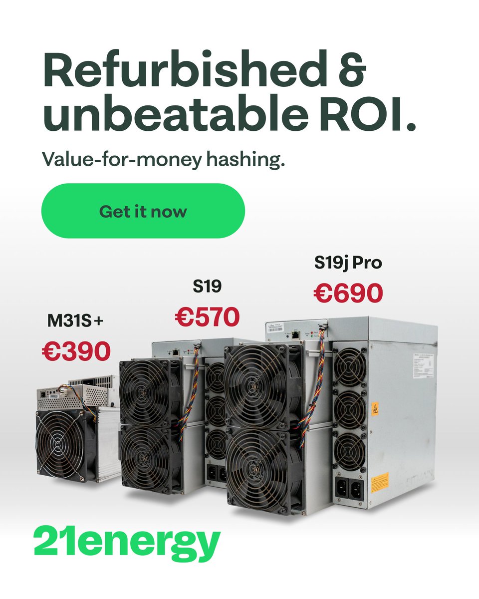 We have new refurbished Antminer S19 &amp; Antminer S19j Pro miners in stock - priced from €570 and €690 for an ROI that’s hard to beat.

🔋 Value-for-money hashing
⚡ Plug-and-play setup
⏳ Limited stock—first come, first mined

Head to 21energy.com to secure yours.