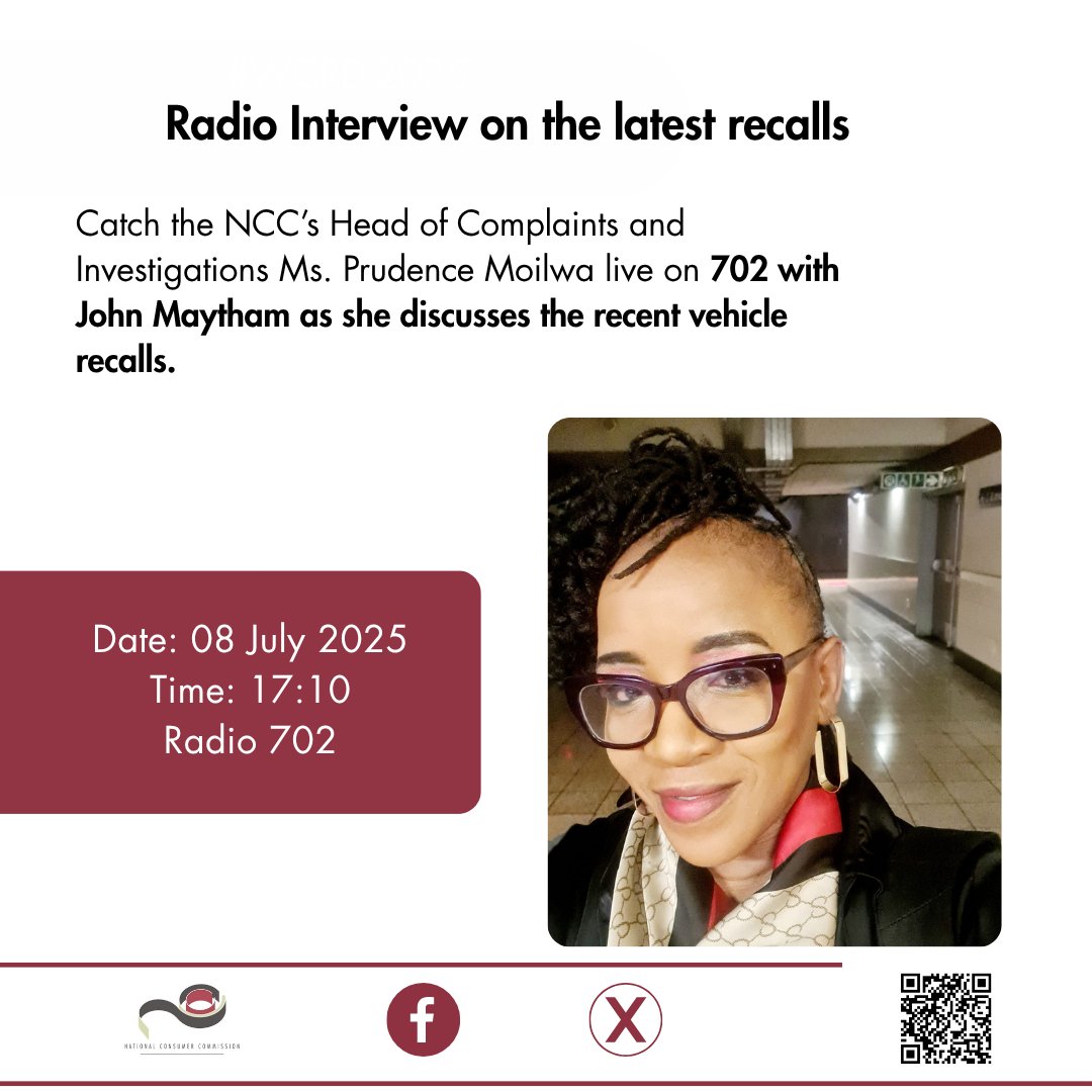 TheNCC_RSA's tweet image. Tune in to @Radio702 as Ms Moilwa unpacks the recent recalls with John Maytham. @the_dtic @PhethoN