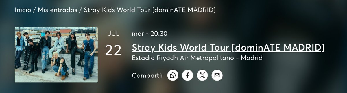 Larapic's tweet image. Please share!
I'm selling a SKZ ticket for the 22nd July in Madrid. Sadly, I won't be able to make it, and I don't want it to go to waste.
Selling for the exact price I bought it for (inc ticketmaster fees): 136,00 €
Please DM me if interested #straykids #dominate_madrid