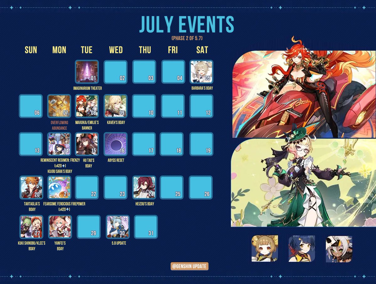 GenshinUpdate's tweet image. #GenshinUpdateCalendar
▶️5.8 livestream is predicted to be on July 18
▶️5.8 update is on July 30
#GenshinImpact #原神 #원신