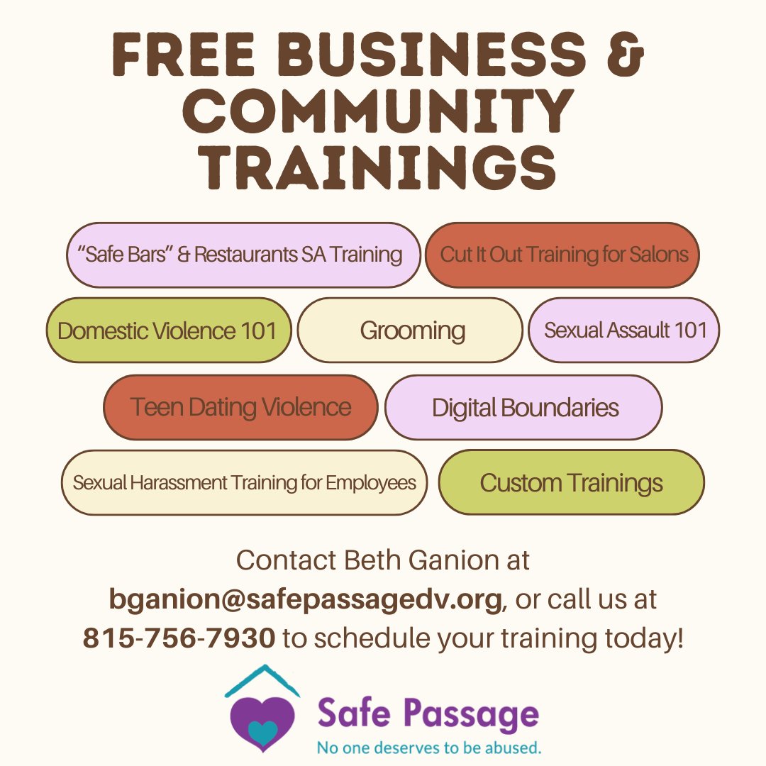 Safe Passage, INC. (@safe_passagedv) on Twitter photo Schools, businesses, faith communities—our prevention educators offer tailored sessions on healthy relationships, dating violence, bystander intervention & red flags. Schedule a presentation today! Contact Beth at bganion@safepassagedv.org, or call 815-756-7930! Schools, businesses, faith communities—our prevention educators offer tailored sessions on healthy relationships, dating violence, bystander intervention & red flags. Schedule a presentation today! Contact Beth at bganion@safepassagedv.org, or call 815-756-7930!