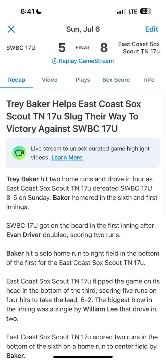 Trey Baker (@treybaker2026) on Twitter photo Had a good tournament with <a href="/ECSMidTN/">East Coast Sox TN Scout</a>. Won the whole thing ( 3- peat).
AB: 18
H: 12
HR: 2
Triple: 2
Doubles: 3
Single: 5
RBI: 8
SB: 7
.667 BA
<a href="/coachpinz/">Jamie Pinzino</a> <a href="/tnballplayers/">Tennessee Baseball Network</a> <a href="/Reavisc/">Craig Reavis</a> <a href="/ETSU_Baseball/">ETSU Baseball</a> <a href="/ChadMarshall912/">Chad Marshall</a> Had a good tournament with <a href="/ECSMidTN/">East Coast Sox TN Scout</a>. Won the whole thing ( 3- peat).
AB: 18
H: 12
HR: 2
Triple: 2
Doubles: 3
Single: 5
RBI: 8
SB: 7
.667 BA
<a href="/coachpinz/">Jamie Pinzino</a> <a href="/tnballplayers/">Tennessee Baseball Network</a> <a href="/Reavisc/">Craig Reavis</a> <a href="/ETSU_Baseball/">ETSU Baseball</a> <a href="/ChadMarshall912/">Chad Marshall</a>