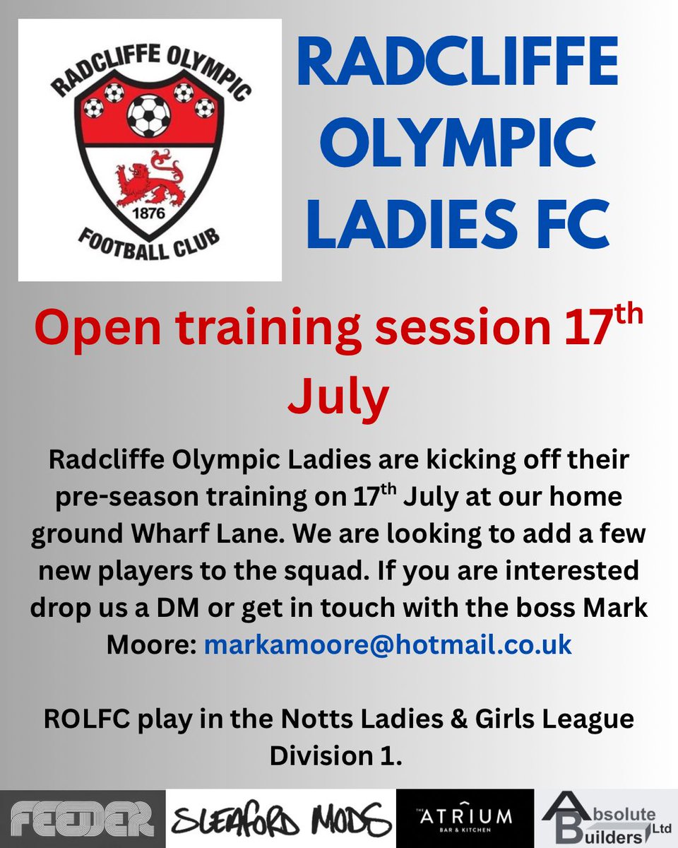 ROFC Ladies 1st team welcome new players to add to their squad
OPEN TRAINING SESSION 
📅 Thur 17th July 
⏰️ 7 to 8pm
📌 The Rec, Wharf Lane,NG12 2AN 

To register your interest please drop us a message or email manager Mark ⬇️ markamoore@hotmail.co.uk