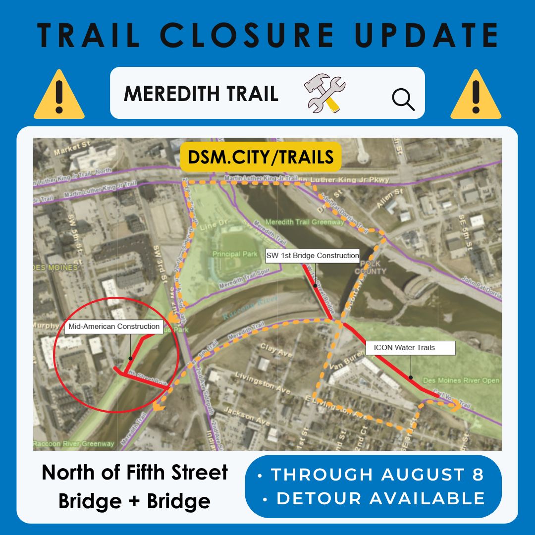 DesMoinesParks's tweet image. 🚧 TRAIL CLOSURE ALERT + SAFETY REMINDERS 🚧

Recent storms and rising water levels have caused a few temporary trail closures in our system. Please use caution and plan accordingly!