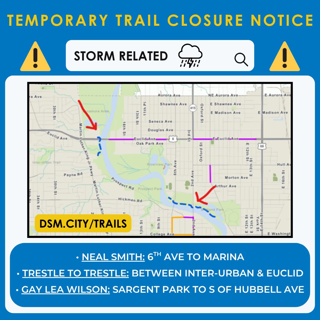 DesMoinesParks's tweet image. 🚧 TRAIL CLOSURE ALERT + SAFETY REMINDERS 🚧

Recent storms and rising water levels have caused a few temporary trail closures in our system. Please use caution and plan accordingly!