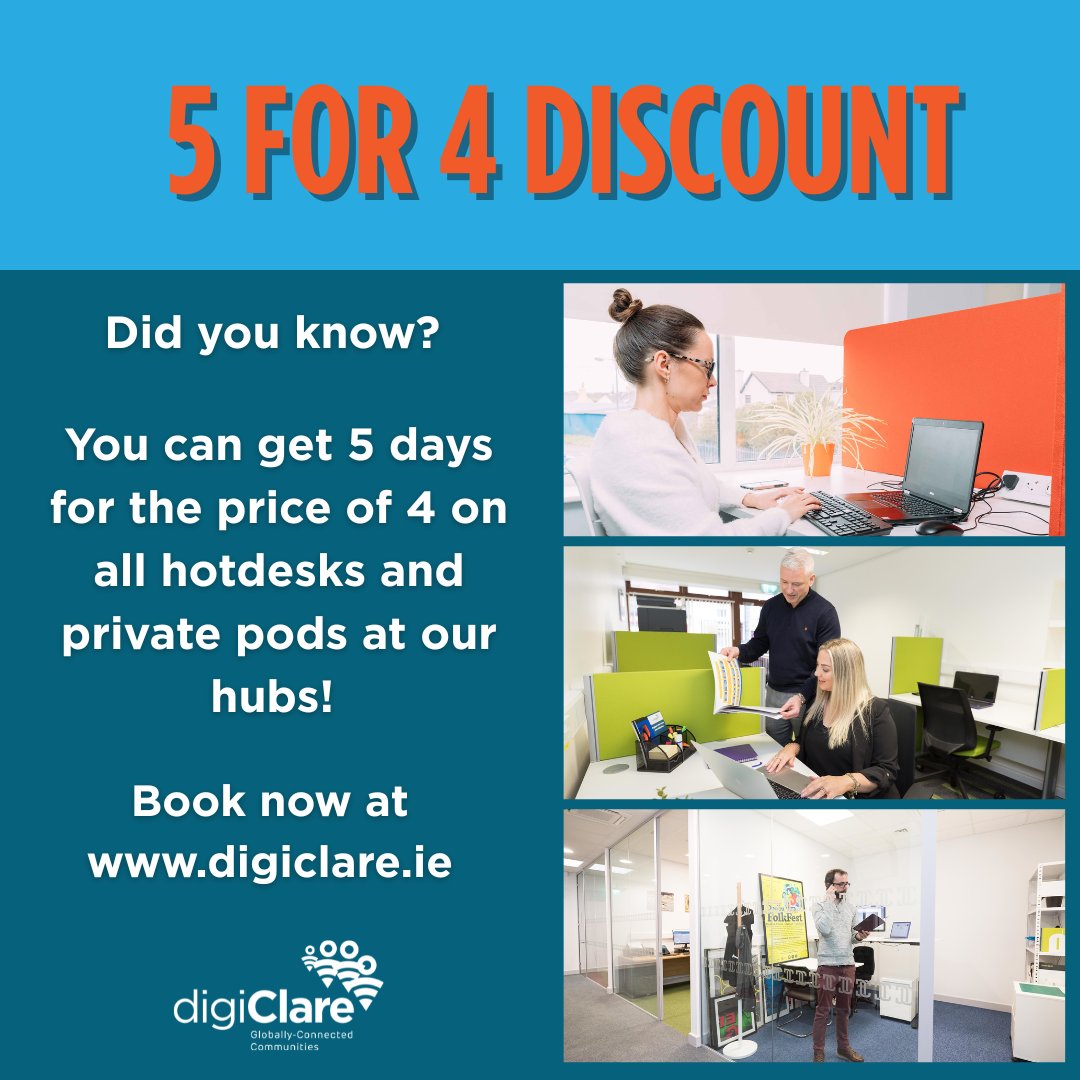 Did you know that you can get 5 days for the price of 4 on hotdesks and private pods in our hubs!
The 5 days don’t need to be consecutive but make sure they are in the same booking. 
Book your spot today and make the most of your work week: digiclare.ie