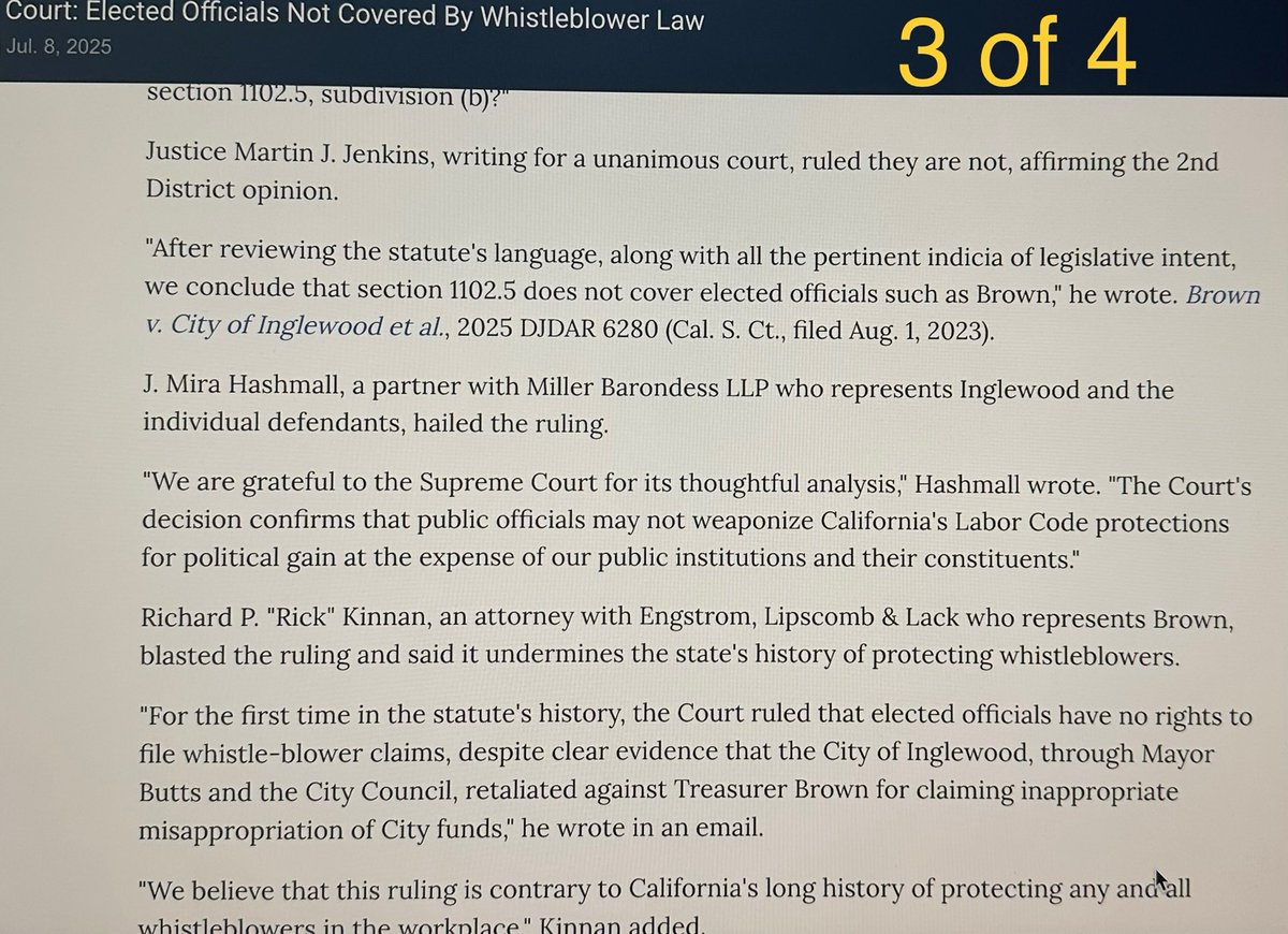 Harper4Judge's tweet photo. #Inglewood #ElectedOfficial #WandaBrown not deemed an “employee” under Labor Code -Her #Whistleblower” complaint for #Retaliation against ⁦@MayorButts⁩ dismissed even though Court found #retaliation. https://t.co/prLWJ4Bhvx