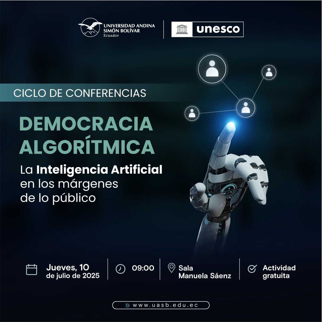 UNESCO en Ecuador #educación #cultura #ciencia #CI (@unescoquito) on Twitter photo 📢 ¿Puede la IA fortalecer o debilitar la democracia?
Te invitamos al evento Democracia Algorítmica, este 10 de julio a las 09h00 en la <a href="/uasbecuador/">Universidad Andina</a>. Un espacio de debate con expertos de <a href="/FLACSOec/">FLACSO Ecuador</a> <a href="/USFQ_Ecuador/">Universidad San Francisco de Quito</a>, <a href="/UNESCOQuito/">UNESCO en Ecuador #educación #cultura #ciencia #CI</a> y más.
🎟️ Entrada libre👉 bit.ly/IAyDemocracia
#IA 📢 ¿Puede la IA fortalecer o debilitar la democracia?
Te invitamos al evento Democracia Algorítmica, este 10 de julio a las 09h00 en la <a href="/uasbecuador/">Universidad Andina</a>. Un espacio de debate con expertos de <a href="/FLACSOec/">FLACSO Ecuador</a> <a href="/USFQ_Ecuador/">Universidad San Francisco de Quito</a>, <a href="/UNESCOQuito/">UNESCO en Ecuador #educación #cultura #ciencia #CI</a> y más.
🎟️ Entrada libre👉 bit.ly/IAyDemocracia
#IA