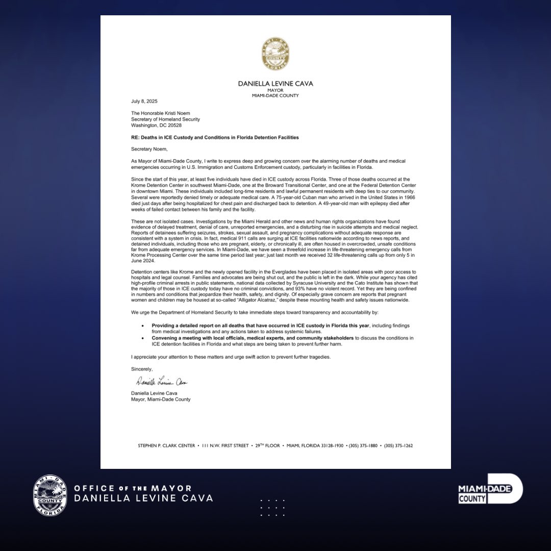 MayorDaniella's tweet image. I am gravely concerned about the alarming number of deaths and medical emergencies at immigration detention centers in Florida & nationwide. Today, I requested monitoring access to the state-run facility dubbed Alligator Alcatraz.
My letters to the state and federal government: