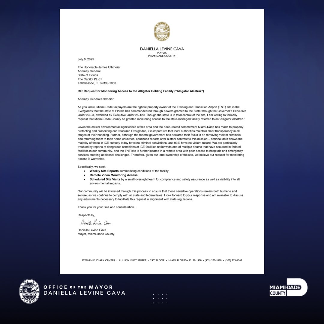 MayorDaniella's tweet image. I am gravely concerned about the alarming number of deaths and medical emergencies at immigration detention centers in Florida & nationwide. Today, I requested monitoring access to the state-run facility dubbed Alligator Alcatraz.
My letters to the state and federal government:
