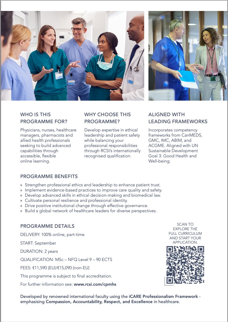 MSc in Professionalism in Medicine &amp; Health Sciences- enrolling now for Sept 2025. Fully online MSc designed to help healthcare organisations foster a culture of professionalism,ethical leadership &amp; accountability across both clinical/academic settings. bit.ly/MScProf