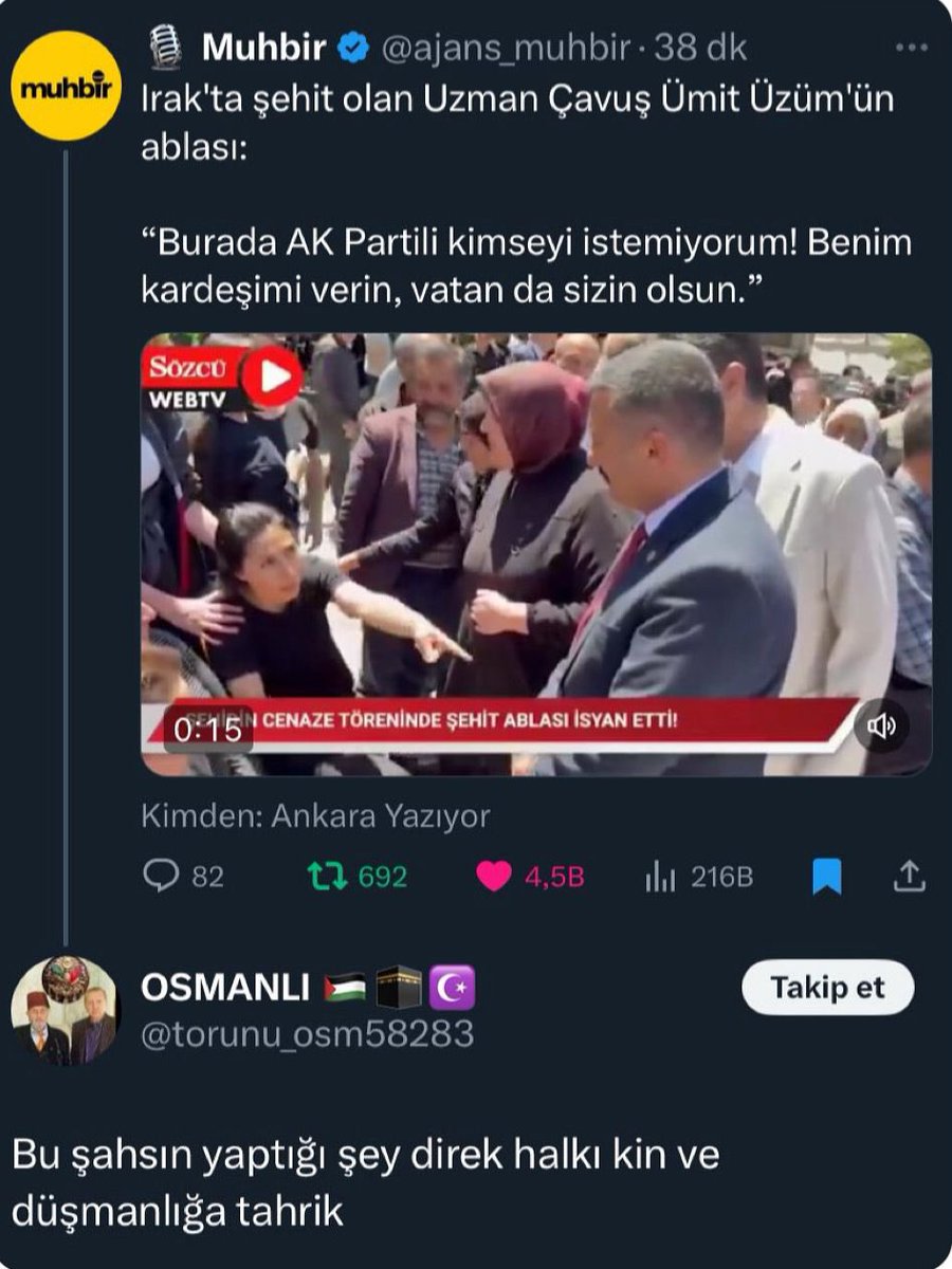 Akp'lilere tepki gösterdi diye, şehidimizin ablasına; " halkı kin ve düşamanlığa tahrik ediyor" diyor feslinin müridi kansız! 

Bunlar Türk falan değil; Türk milletinin bütün değerlerine düşman vatansız!