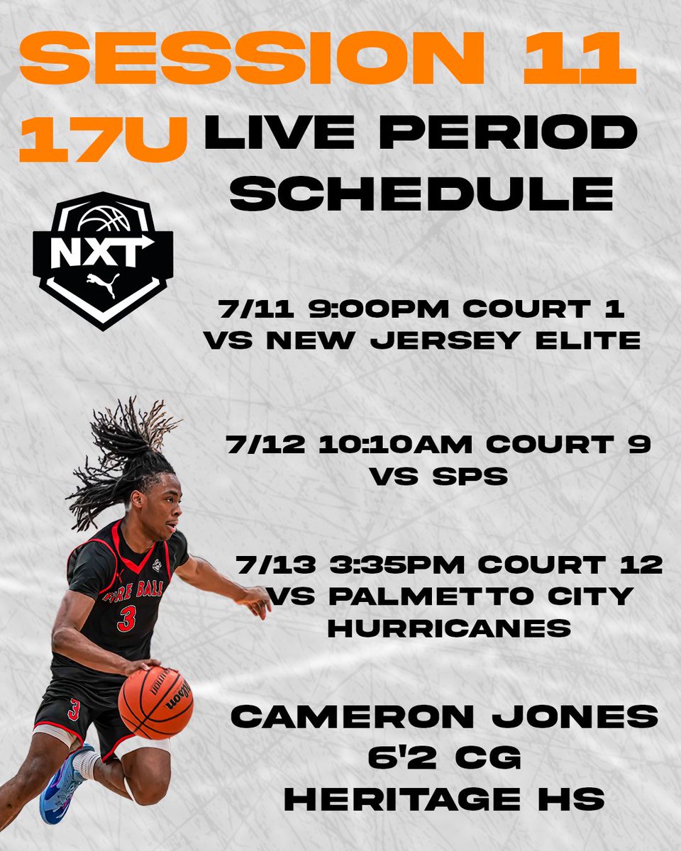 CamJones3 (@camjones3_) on Twitter photo We will be playing at the Phenom Hoops Live tournament at the Raleigh Convention Center on Thursday 7/10. Following with a Puma NXT Live Tournament in Richmond 7/11-13. Here are the game times below! <a href="/HHSHuskyHoops/">Heritage Basketball</a> <a href="/FireBallBBAca/">Fireballbasketballacademy</a> <a href="/PRO16League/">PRO16/NXTPRO League</a> <a href="/Phenom_Hoops/">Phenom Hoop Report</a> We will be playing at the Phenom Hoops Live tournament at the Raleigh Convention Center on Thursday 7/10. Following with a Puma NXT Live Tournament in Richmond 7/11-13. Here are the game times below! <a href="/HHSHuskyHoops/">Heritage Basketball</a> <a href="/FireBallBBAca/">Fireballbasketballacademy</a> <a href="/PRO16League/">PRO16/NXTPRO League</a> <a href="/Phenom_Hoops/">Phenom Hoop Report</a>