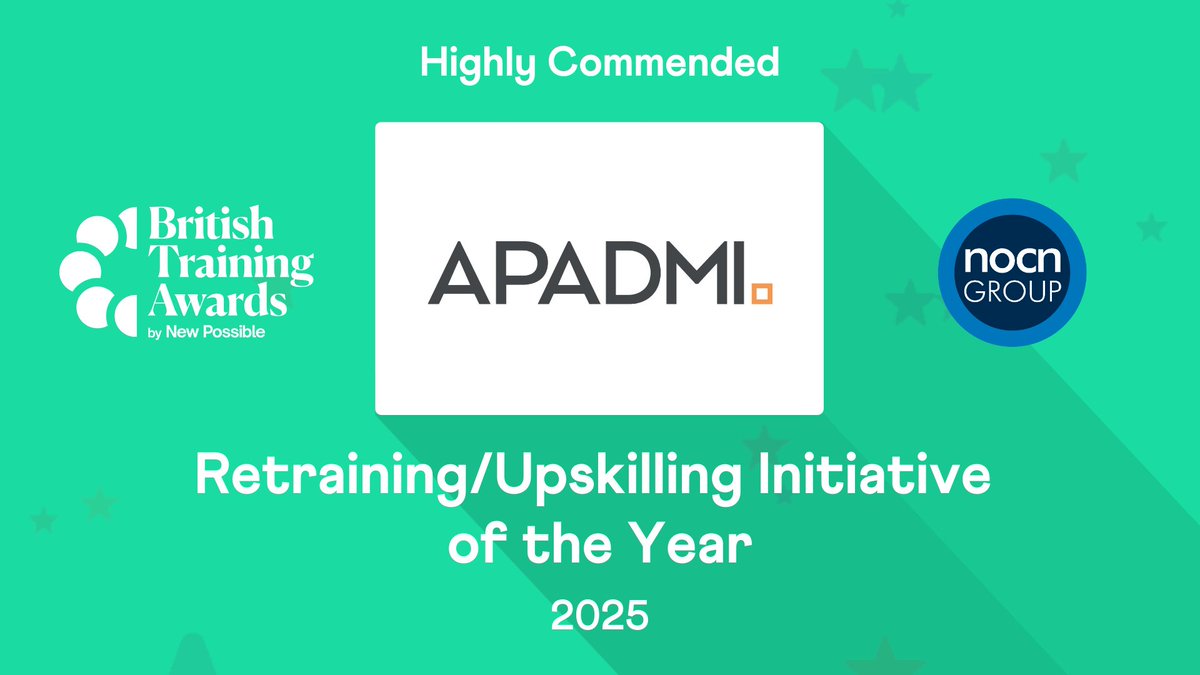 BritTrainAwards's tweet image. Achieving Highly Commended in the ‘Retraining/Upskilling Initiative of the Year’ category sponsored by @NOCNGroup is @apadmi, congrats! #Training #Awards #Learning #Development